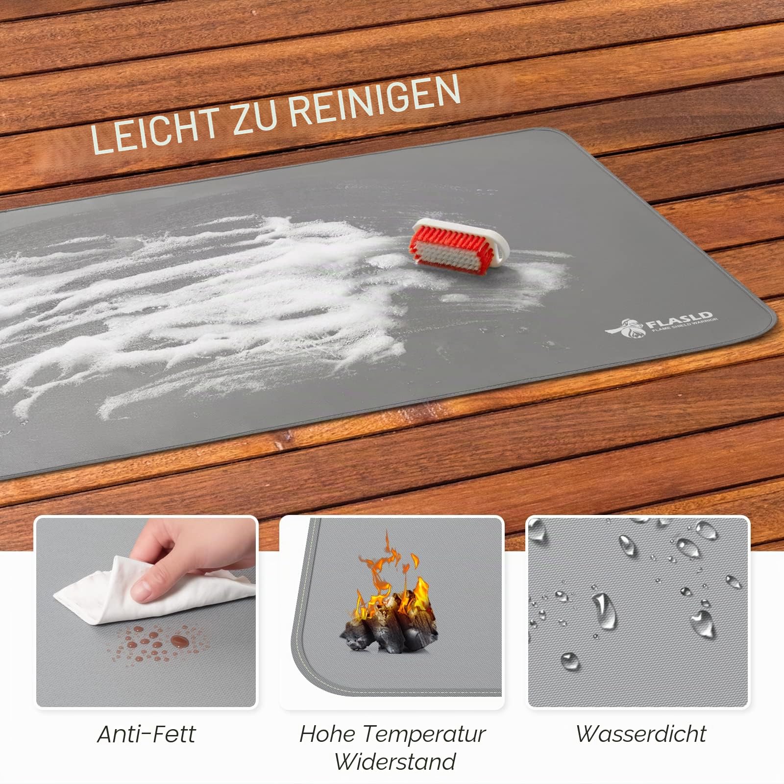FLASLD Untergrillmatte, 80 x 152 cm, feuerfestes und wasserdichtes Pad für Holzkohlegrills, Gasgrills, Ölfritteusen und Raucher, Schutzdeck und Terrassenmatte, Silbergrau