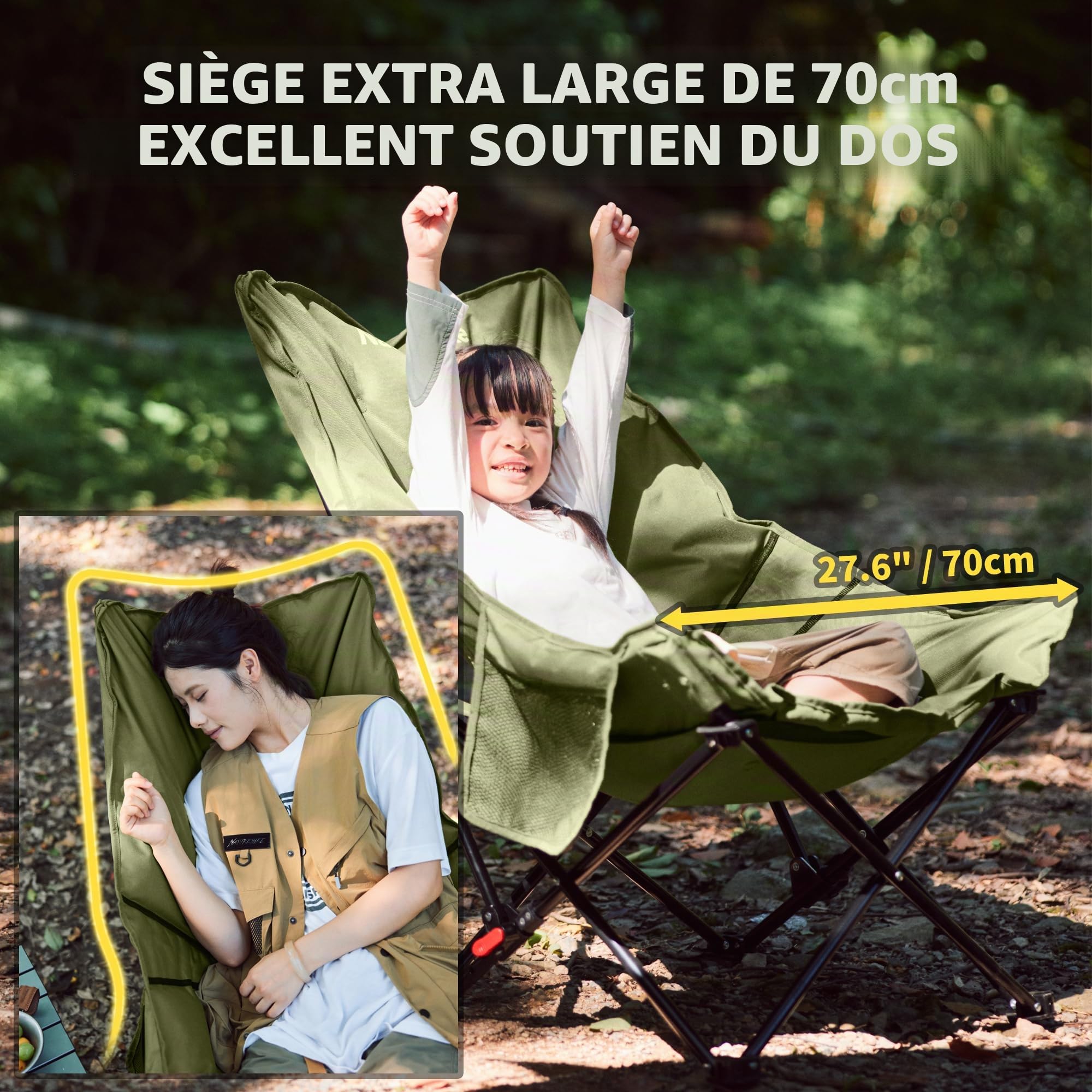 Naturehike Chaises de camping de luxe pour adultes - Portable - Dossier haut - Pliable - Confortable - Rembourré - 3 cm - Charge maximale : 120 kg - Réglable - Vert