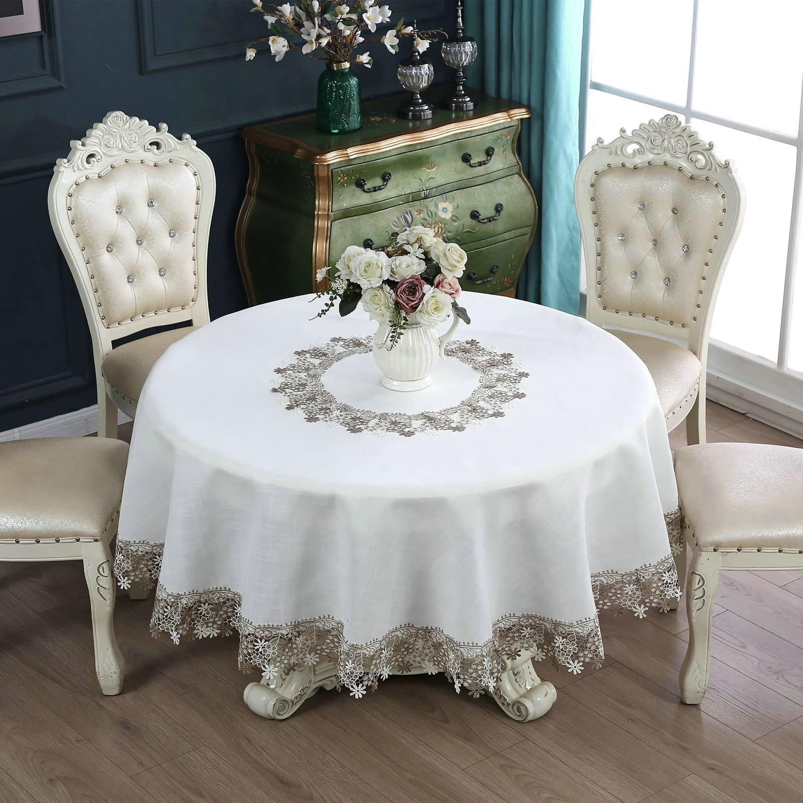 Mantel redondo blanco, flores bordadas manteles de poliéster 150 cm