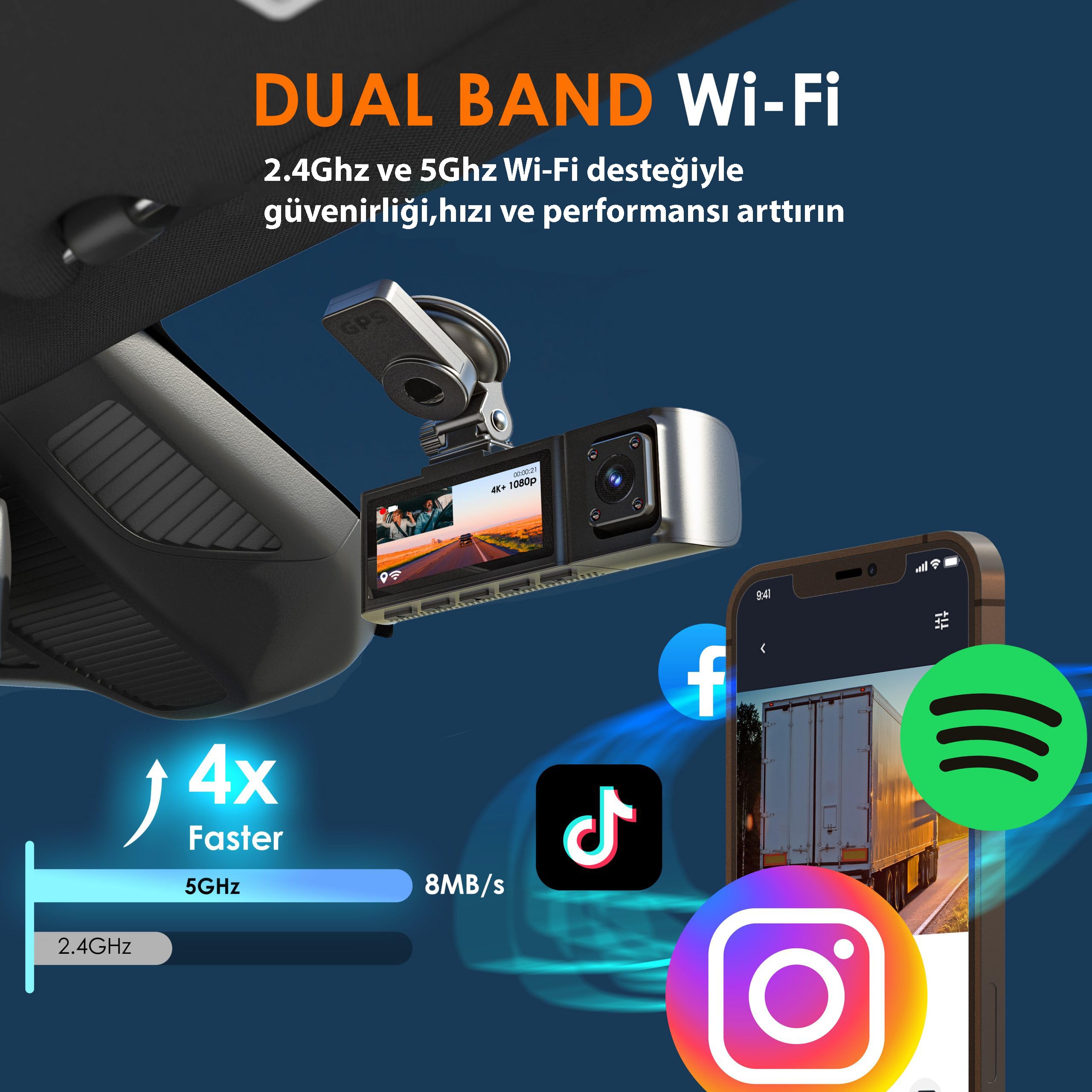 Rexing R316 4K Araç Kamerası, GPS ve Wi-Fi, 64GB SD Kart, Çift Kamera, Gece Görüşü