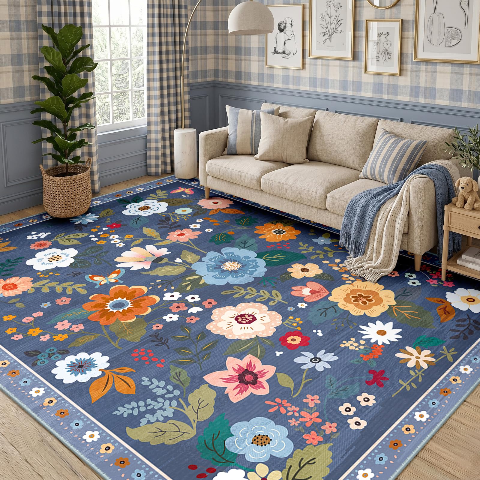 DEFYNEE Machine Washable Rugs Living Room, 240×300cm Floral Rug, Non-Slip Low Pile Boho Vintage Floral Carpet with Printed Design for Kids Room, Bedroom, Kitchen, Entryway, Lounge, Blue/Grey