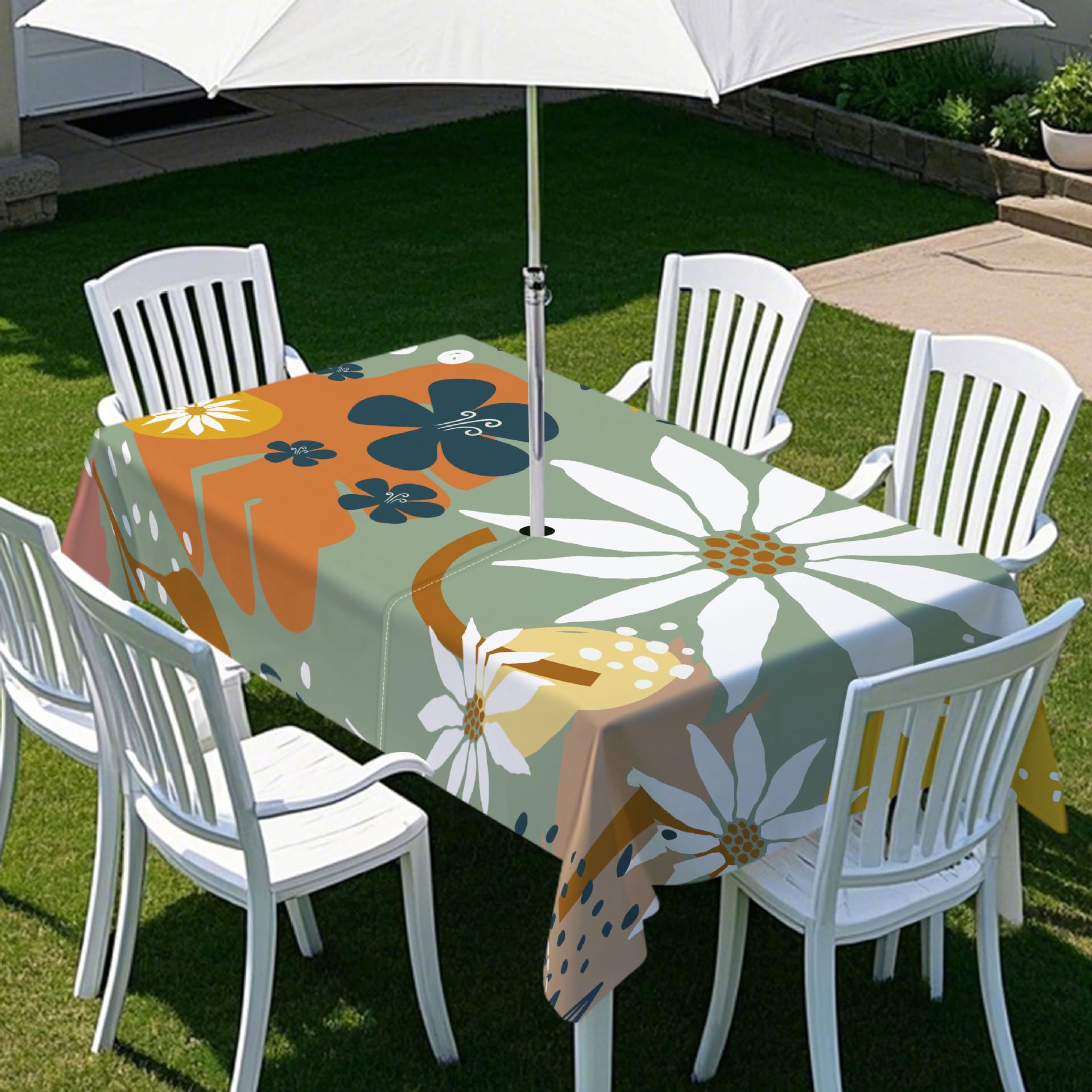 ENEN Rectangular Tablecloth with Parasol Hole, 3D Outdoor Table Cloth, Waterproof Wipe Clean Table Cloth, Wipe Clean Tablecloth for Garden BBQ Party (Flower,213x152cm)