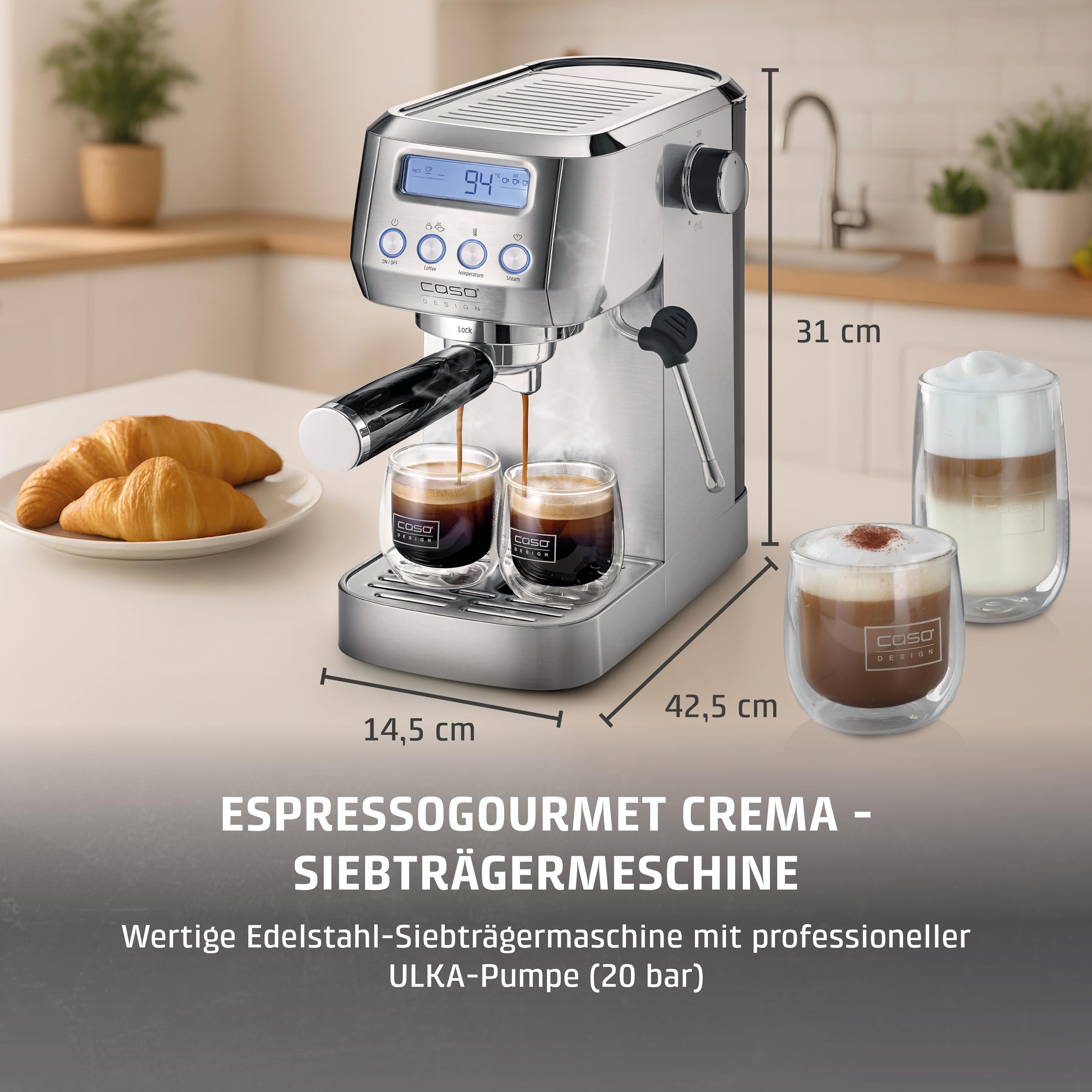 Caso EspressoGourmet Crema - Siebträgermaschine, Espressomaschine, mit Milchaufschäumer, Espresso, Cappuccino, Siebträger aus Edelstahl, 20 bar ULKA-Pumpe, Kaffeemaschine Kaffeepulver, ESE Pads