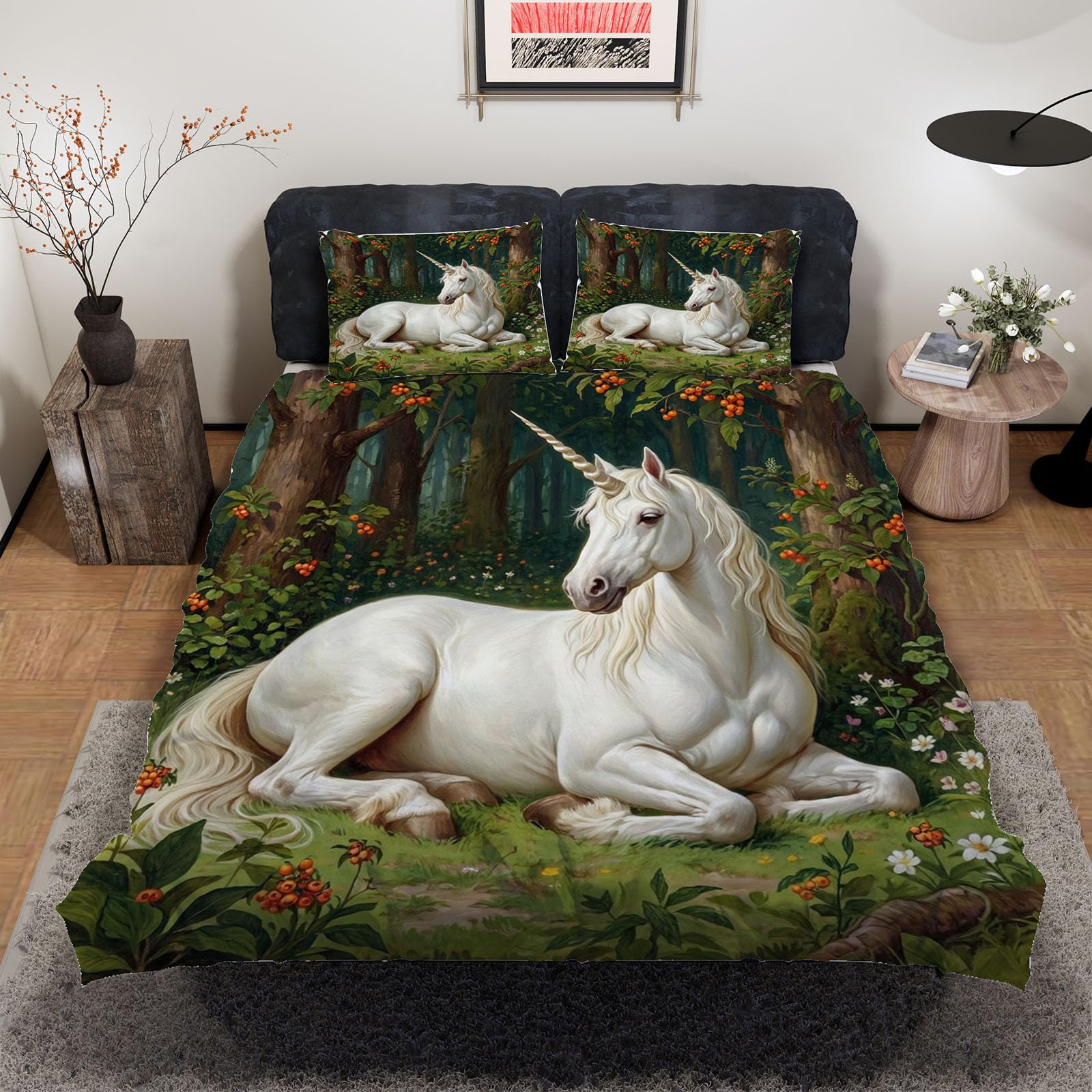 Housse de couette licorne 200x200 cm avec 2 taies d'oreiller pour lit 2 personnes