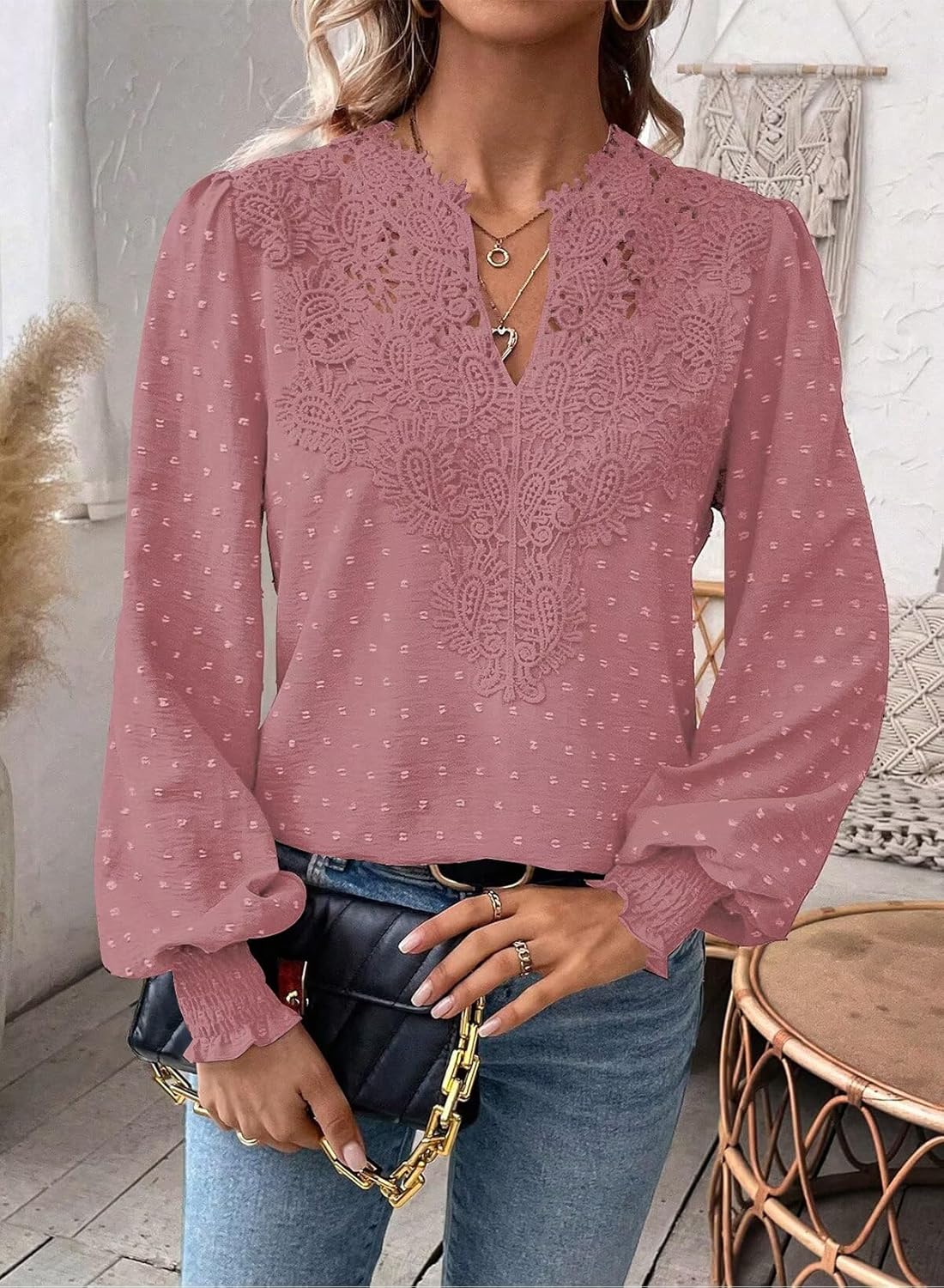 Womens Tops Swiss Dot Boho Long Sleeve Shirts V Neck Casual Chiffon Blouses Flowy Lace Hem Cute Clothing Trendy 2026 - Image 6