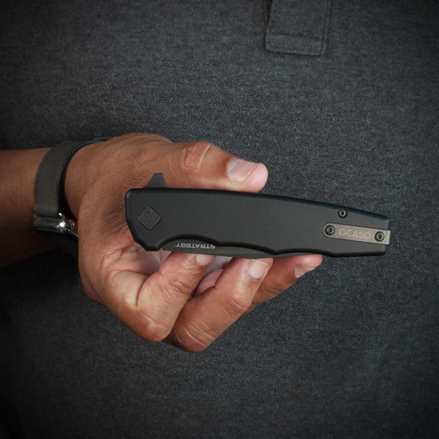 OCASO - Strategy Everyday Carry Pocket Knife, 3.5" Bohler K110 D2 Steel, Aluminum or G-10 Handle, Ambidextrous Deep Carry Pocket Clip, Black Aluminum 29BAB