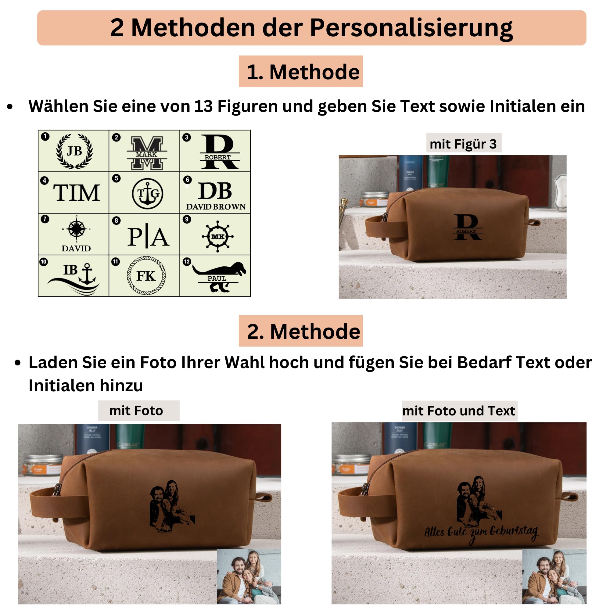 Personalisierbarer Kulturbeutel aus hochwertigem Leder - Handgefertigte Kulturtasche, Leder Dopp Kit für Damen und Herren, Premium Kosmetiktasche für die Reise, personalisierbare Waschtasche-Tobacco