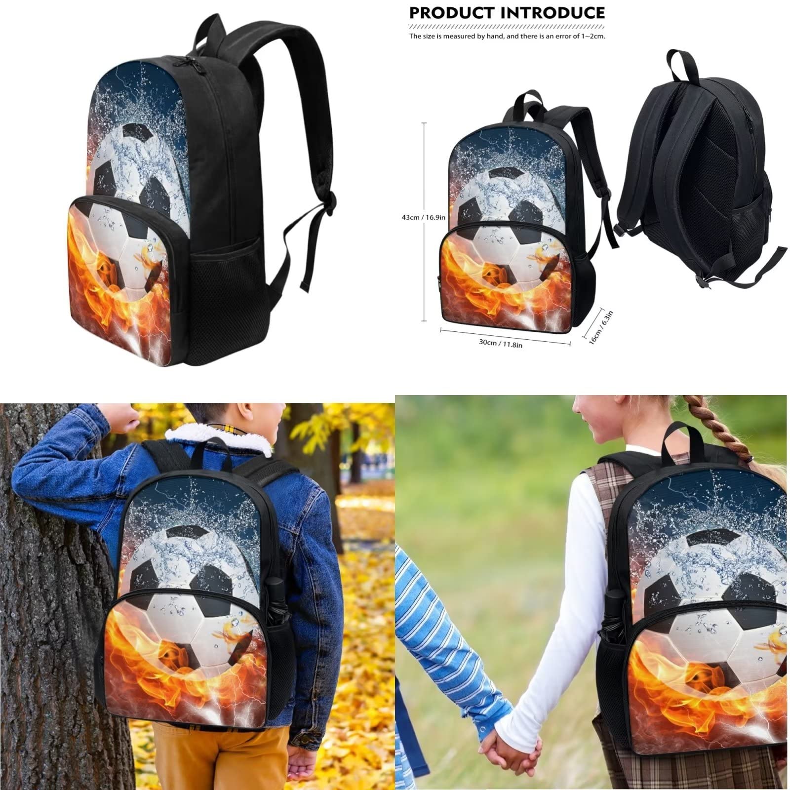 Dolyues Juego de bolsas escolares para niñas y niños, bolsa de libros de escuela primaria con bolsa de almuerzo y estuche para lápices, 3 piezas, Fútbol de Fuego, Mochila infantil