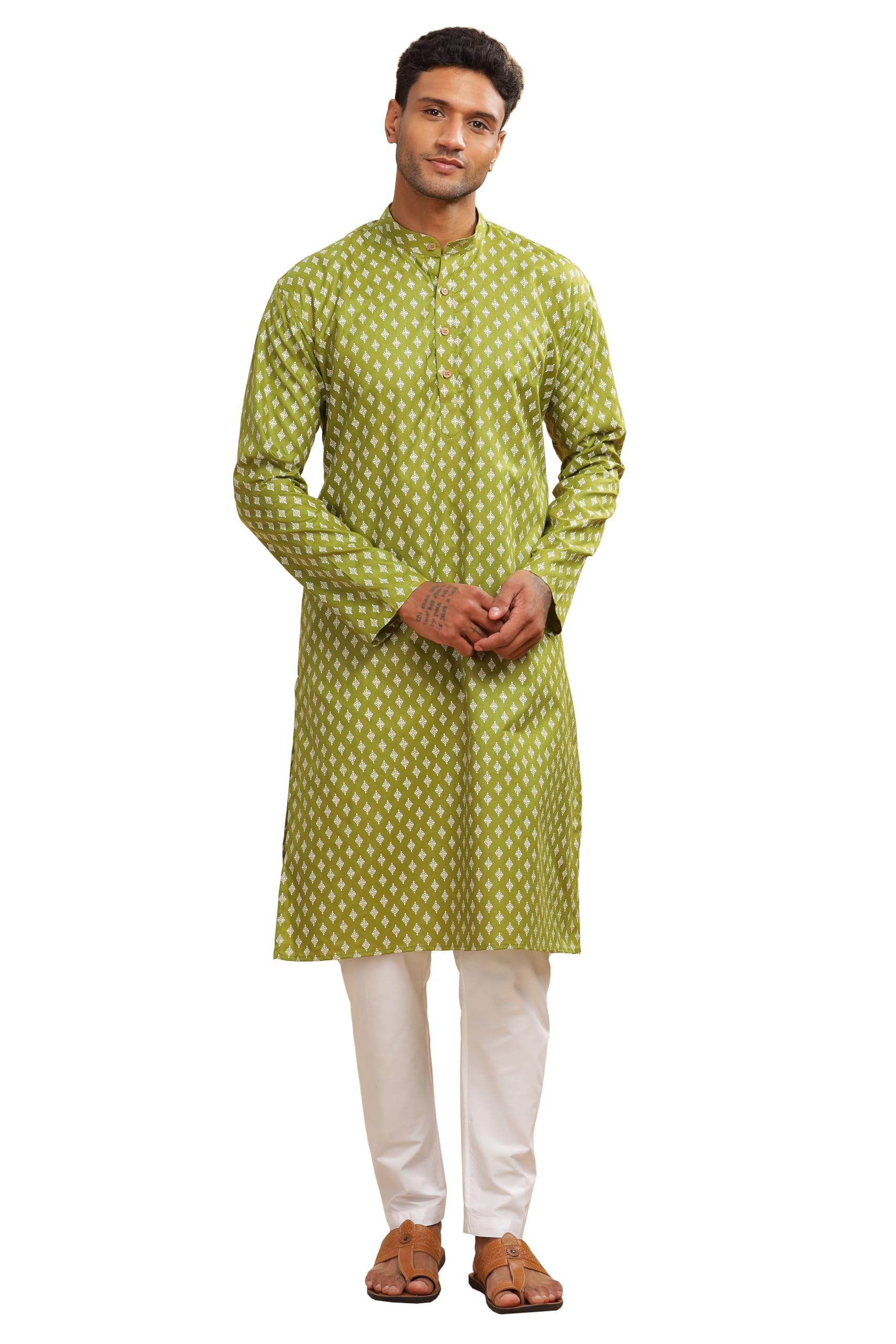 Be Active Men's Cotton Regular Fit Kurta (C-399-3_Green, Large