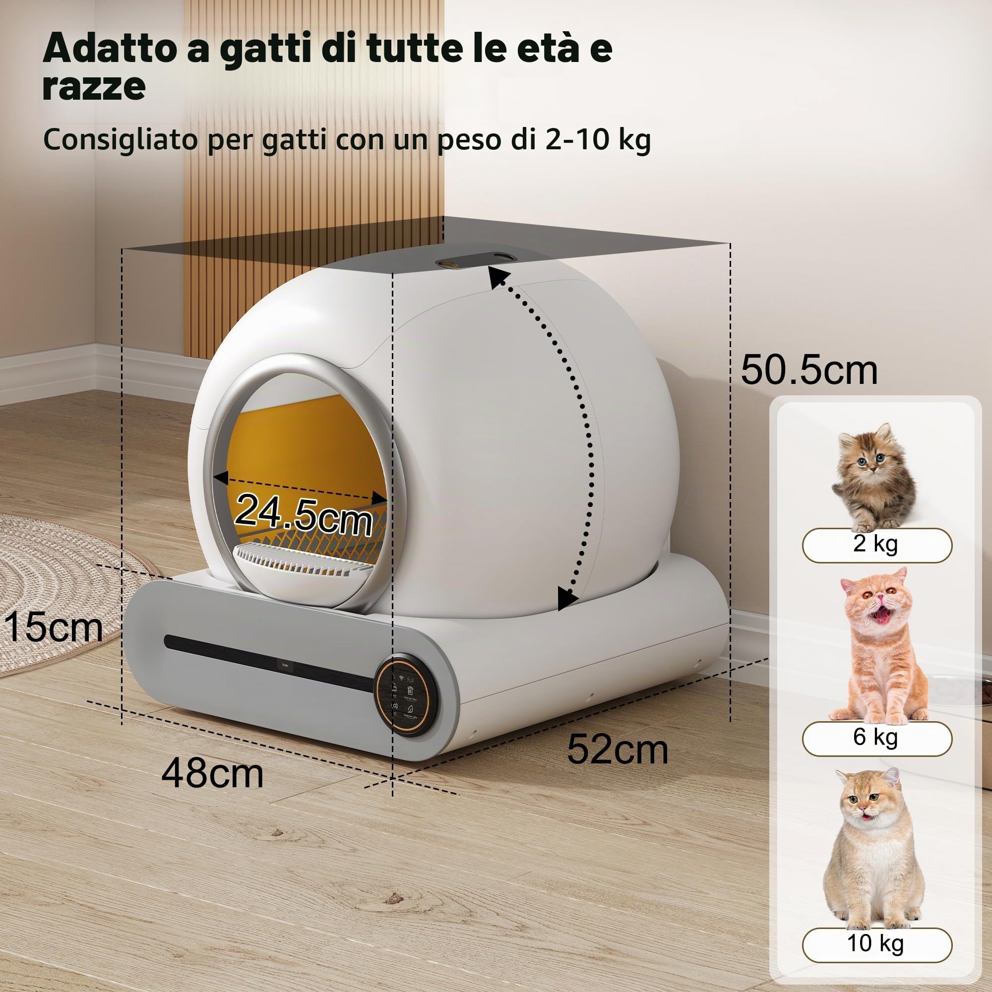 Lettiera autopulente, autopulente, controllo APP/65L Max Capacità/Sensore infrarosso/elimina l'odore, monitorare la salute del vostro gatto, lettiera automatica per gatti per più gatti