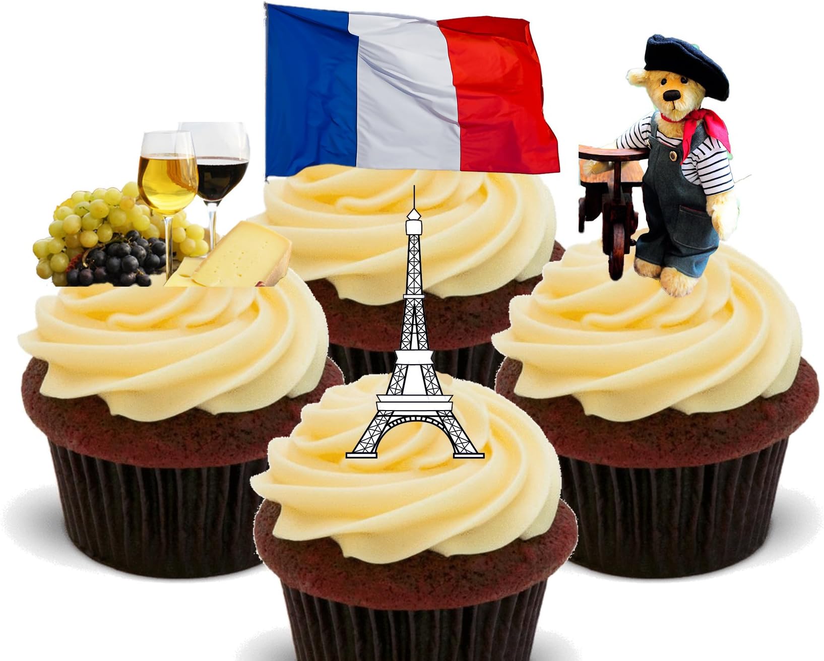 France Fun Pack, Edible Cupcake Toppers - Stand-up Wafer Cake Decorations (Pack of 24)