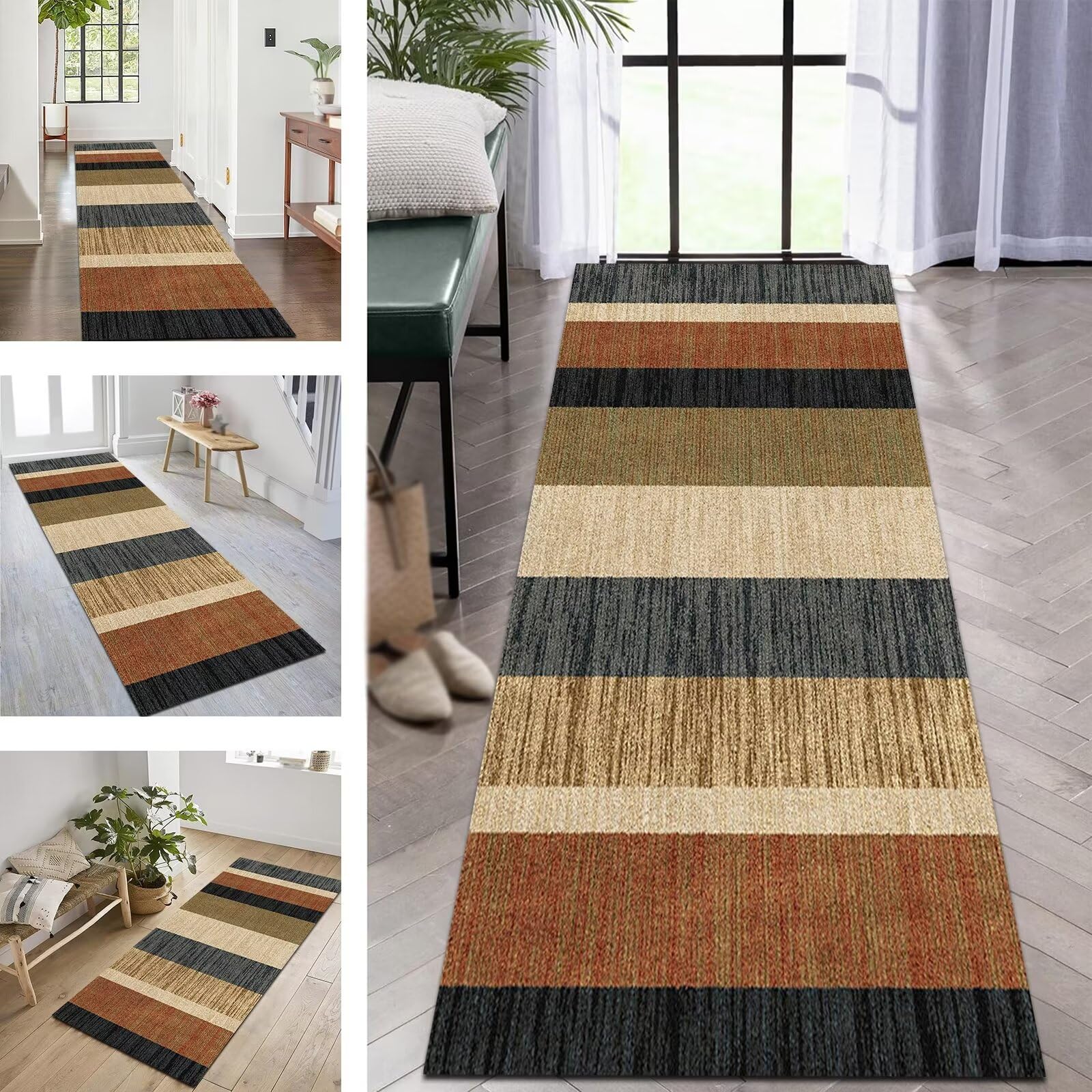 Tapis de salon bleu beige moderne en polyester 40x160 cm avec envers antidérapant