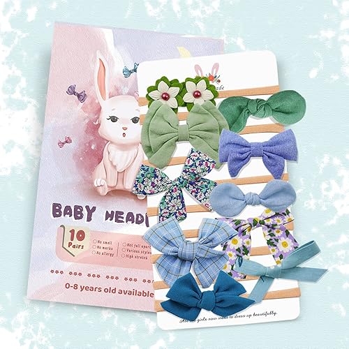 Miniatura 6 de PONAPO 10PCS Diadema para bebé niña, banda elástica con lazo para bebé, niñas recién nacidas, niños pequeños de 0 a 6 meses, color azul