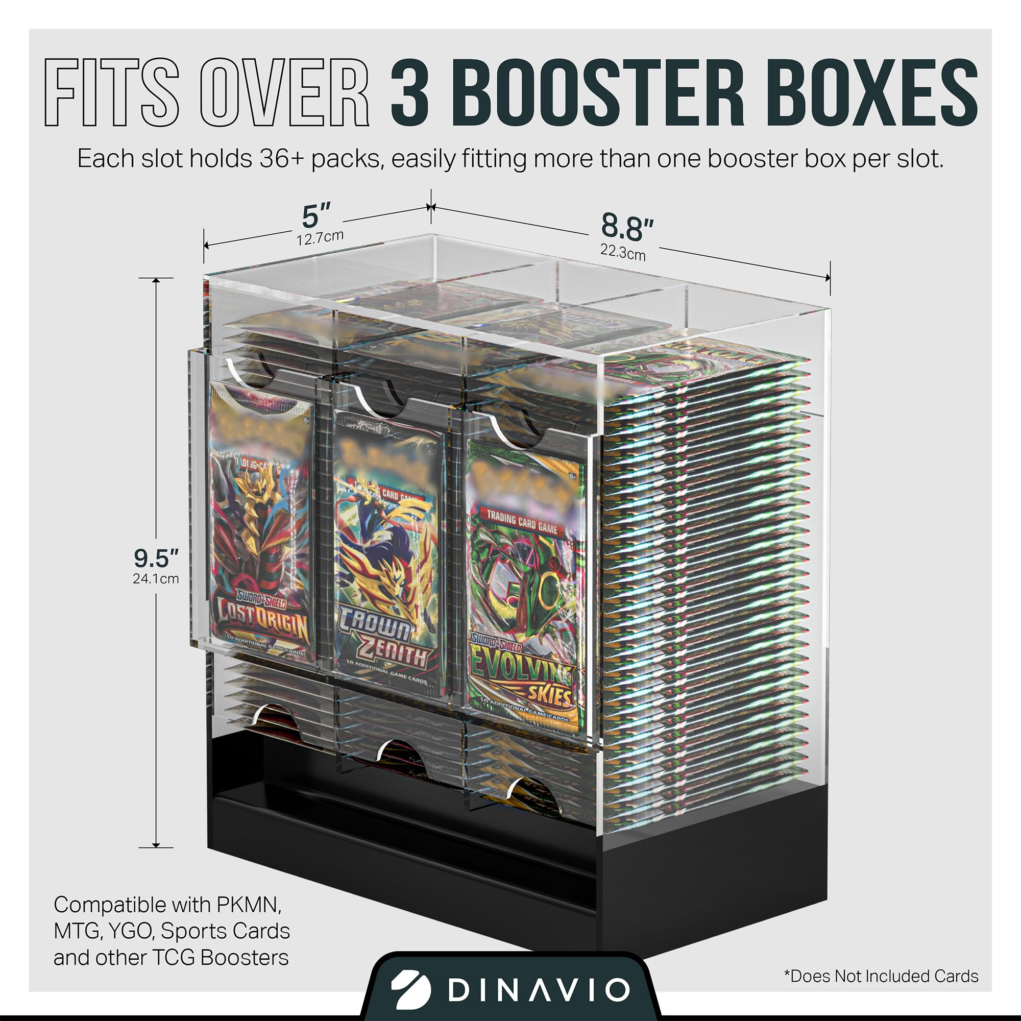 Dinavio Crafthouse - Dispensador Acrílico de 3 Ranuras con Base Negra - Compatible con Potenciadores de Tarjetas TCG y Tarjetas Deportivas