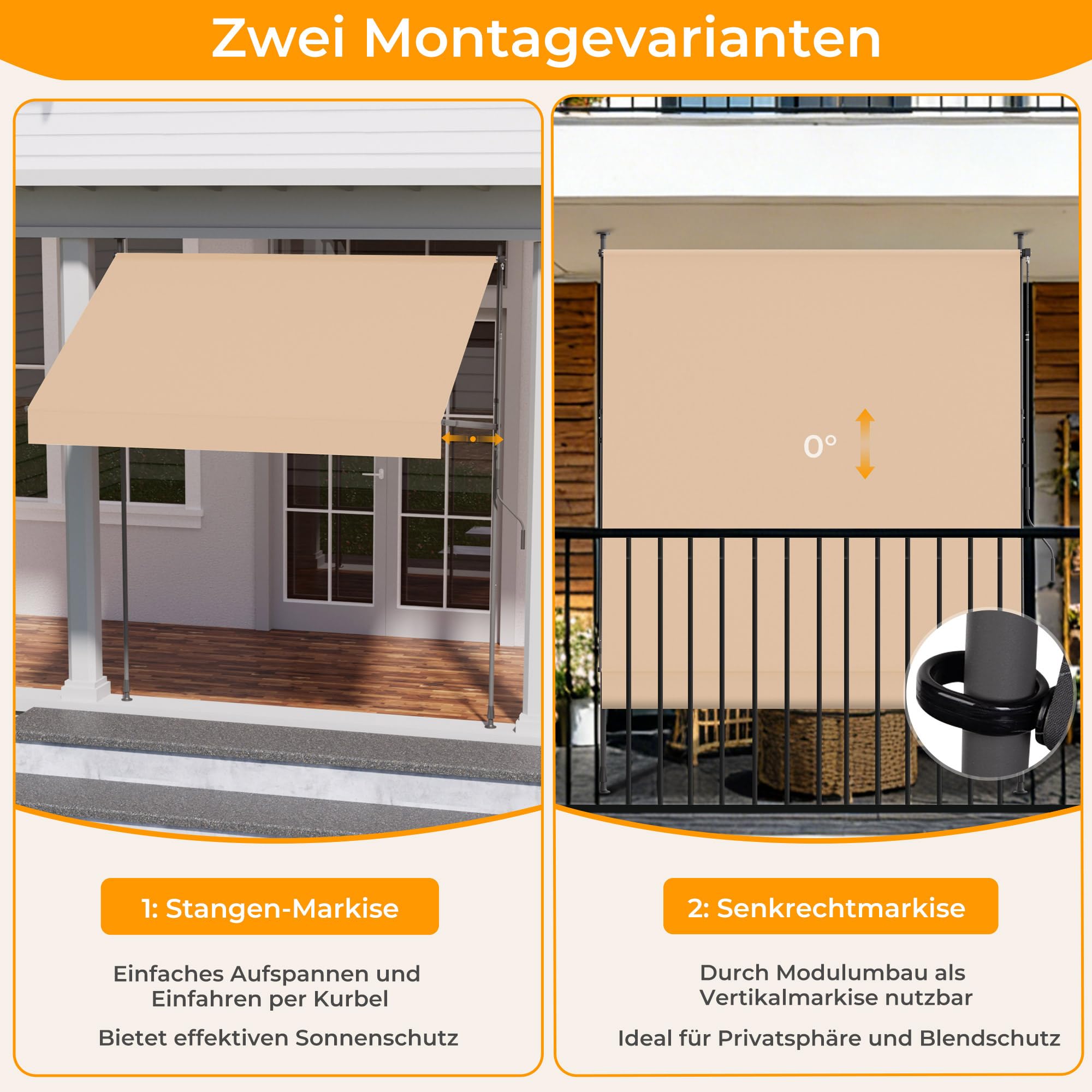 HOMEDEMO Klemmmarkise mit Einstellbare Handkurbel, Balkonmarkise ohne Bohren, Markise Sonnenschutz, UV-beständig & höhenverstellbar für Outdoor, Terrasse, Balkon, Garten, Khaki, 300 x 125-150 cm
