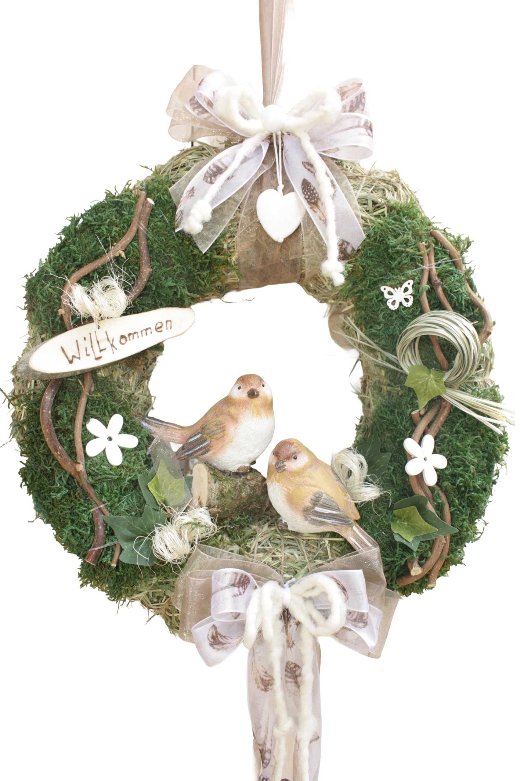 Türkranz D32 cm Sommer mit Zwei Vögel, Taupe weiß | für Tür und Wand, Handgefertigt in Deutschland, Mit Schleife und Willkommen-Schild