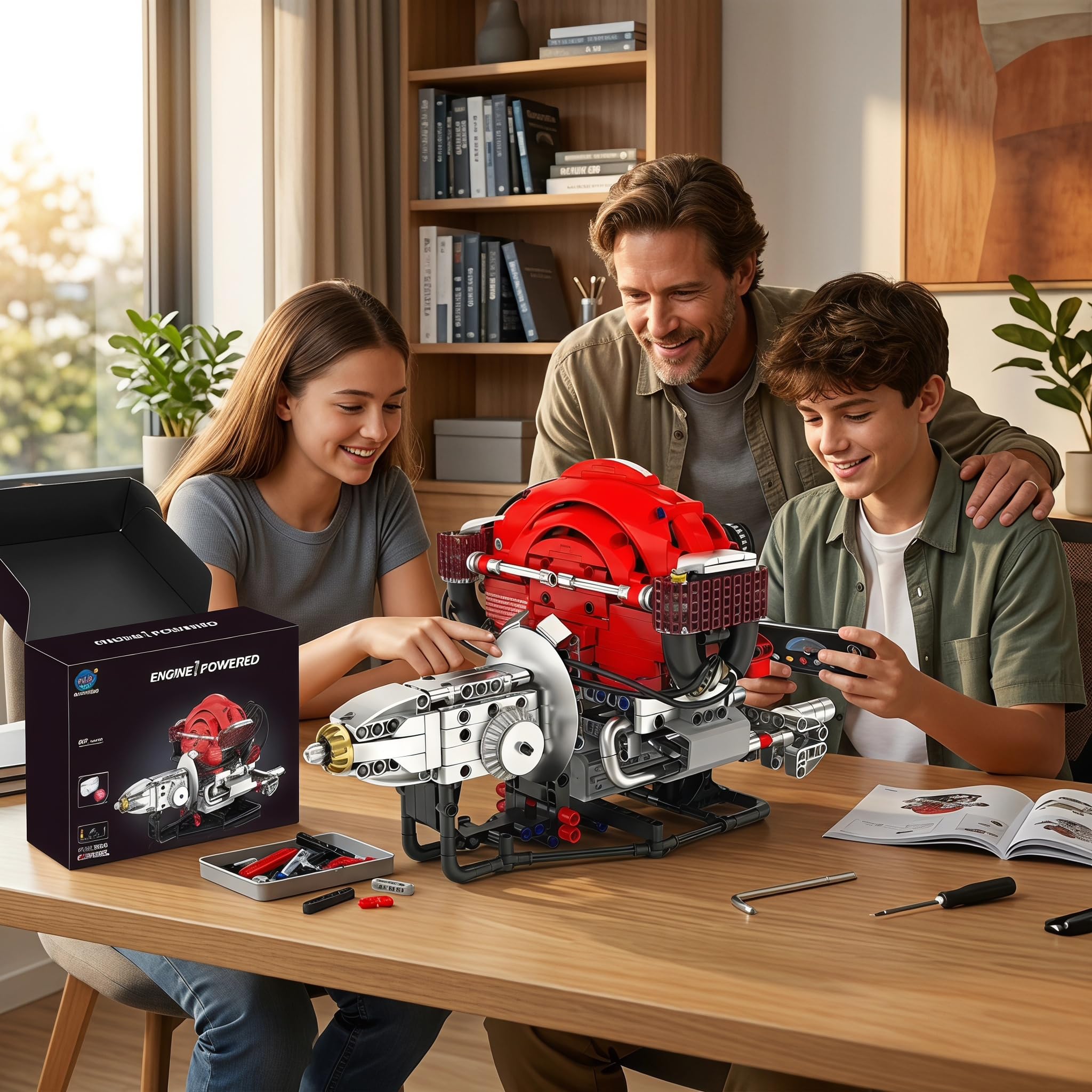 Maqueta Motor H4 868 Piezas – Kit Motor Miniatura Bluetooth & LED RGB | Motor H4 para Montar Adultos Stem Maquetas para Montar Idea Regalo Hombre