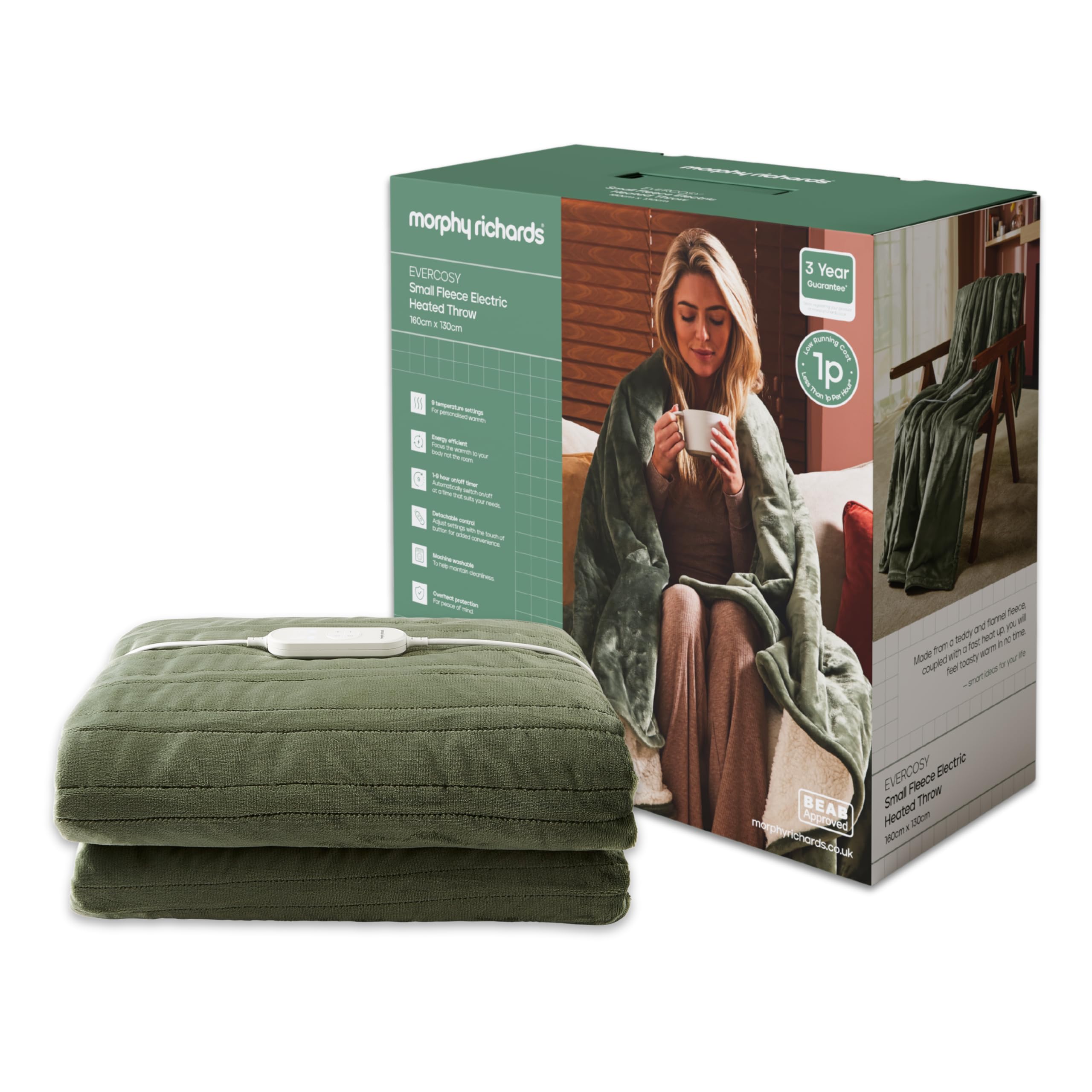 Morphy Richards Fleece Heated Electric Throw - Green - 160 x 130cm