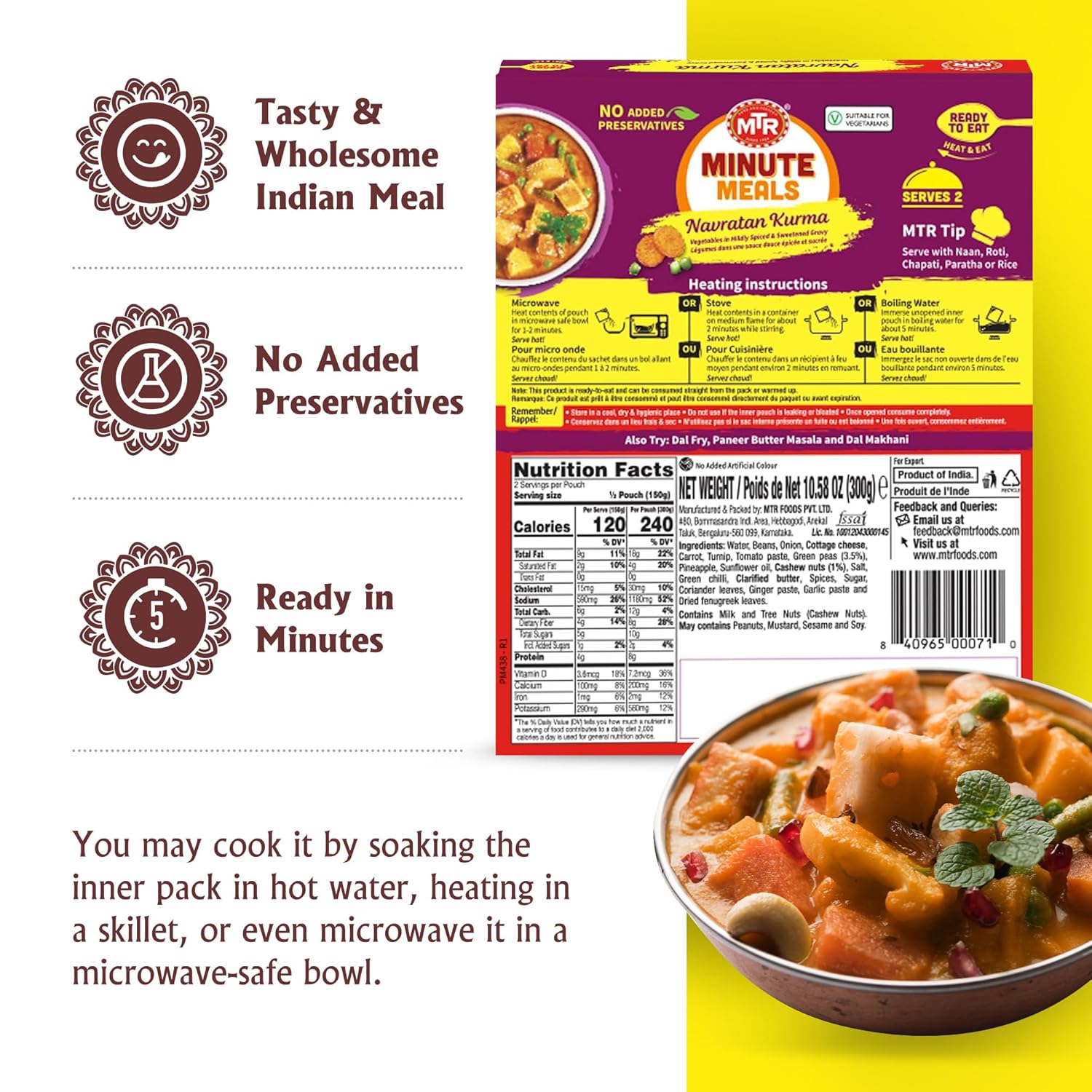MTR - Minute Meals: Navratan Kurma - Vegetables in Mildly Spiced & Sweetened Gravy - Tasty Indian Meal with No Added Preservatives - Suitable for Vegetarians, Ready in Minutes! (Pack of 6)