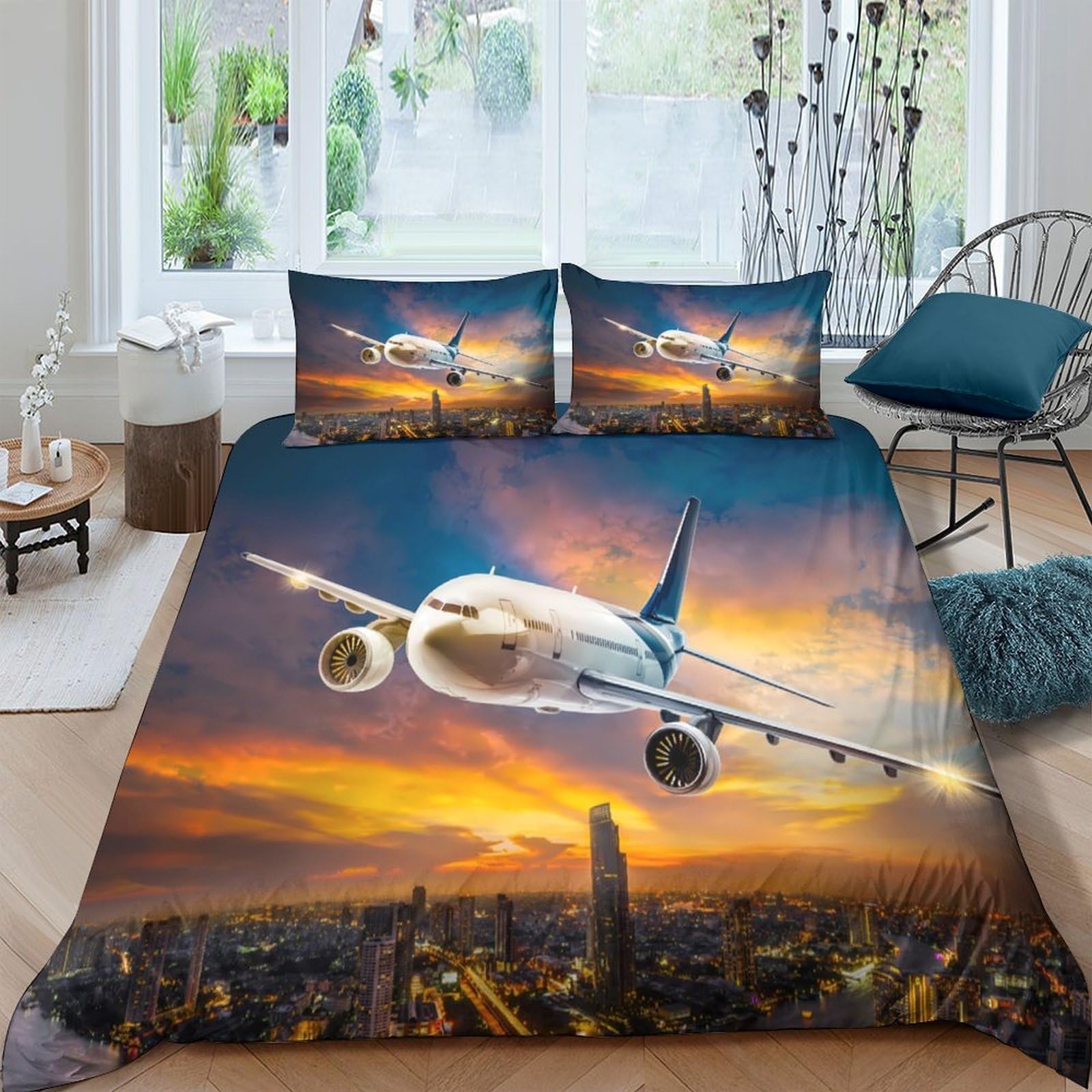 Ctjqhvkz Style-10 3D Printed Sunset Sky Airplane Fitted Sheet Microfiber Soft Breathable Cityscape Bed Cover For Bedroom Dorm Decor Single（135X200cm）