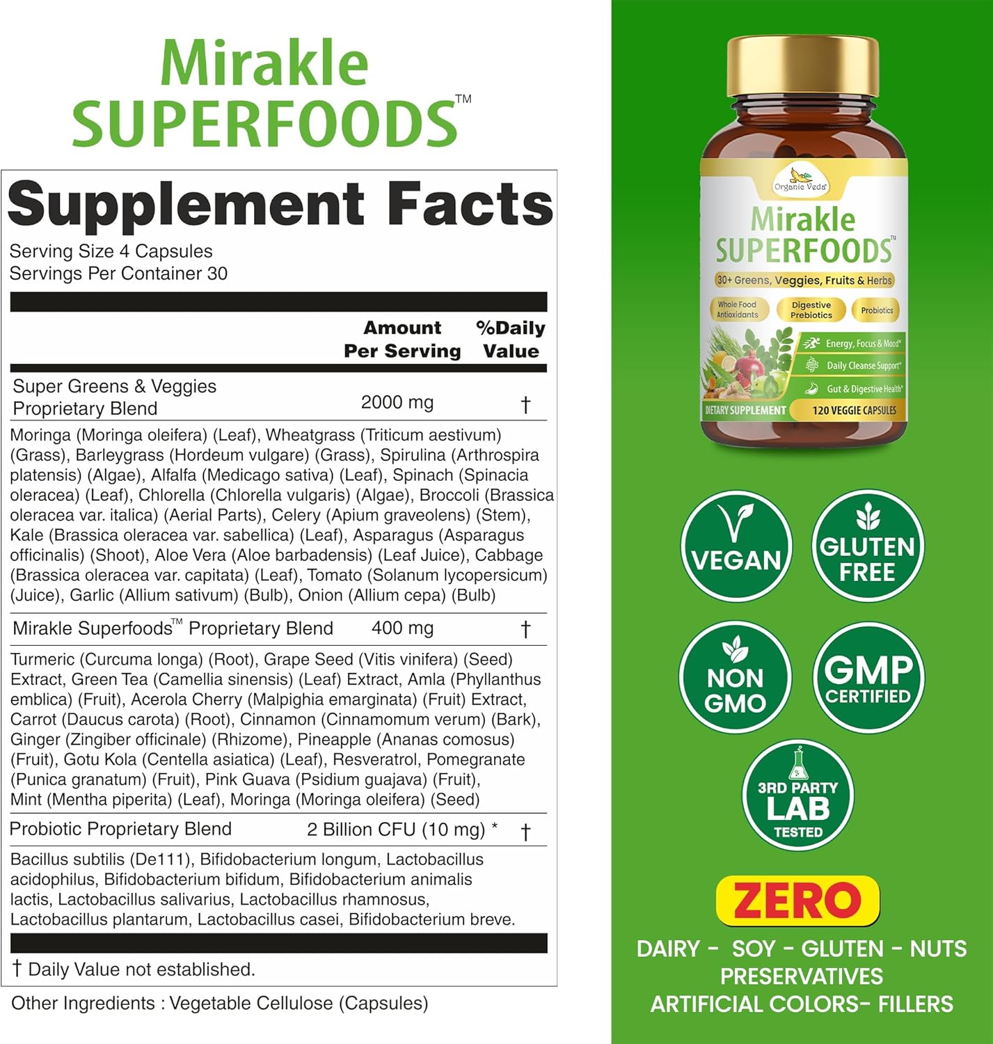 Organic Veda Mirakle Superfoods Greens Capsules - 30+ Daily Greens and Veggies Supplement with Moringa, Spirulina, Chlorella, Turmeric & Herbs, Antioxidants, Resveratrol, Probiotics - 120 Capsule