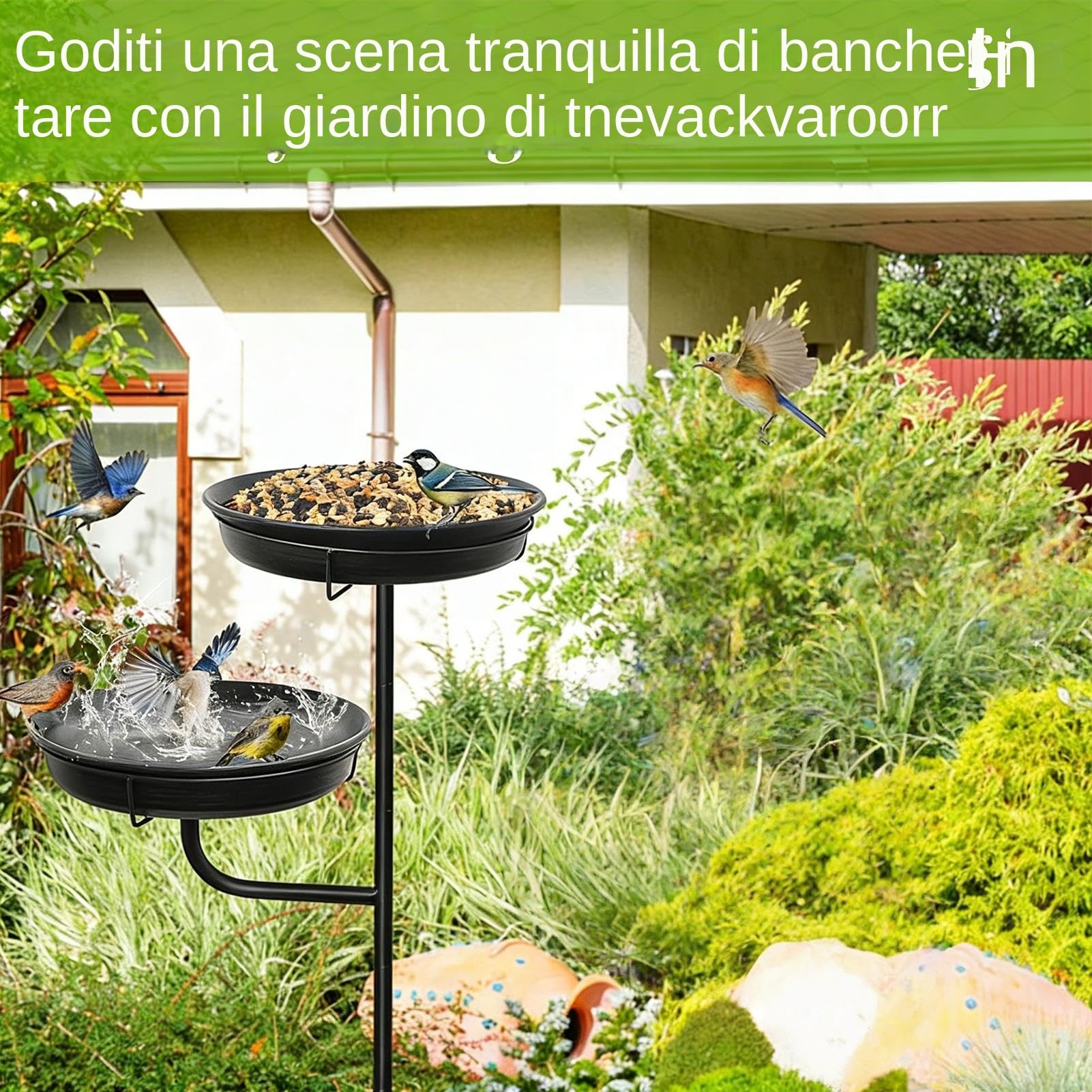Bebedero para Pájaros Exterior Bandeja de Alimentador Metálico de Pie | Bebedero para Aves de Pie con Base de 4 Púas Decoración Para Jardín Exterior Patio Porche Césped Y Hogar Para Papá Y Mamá