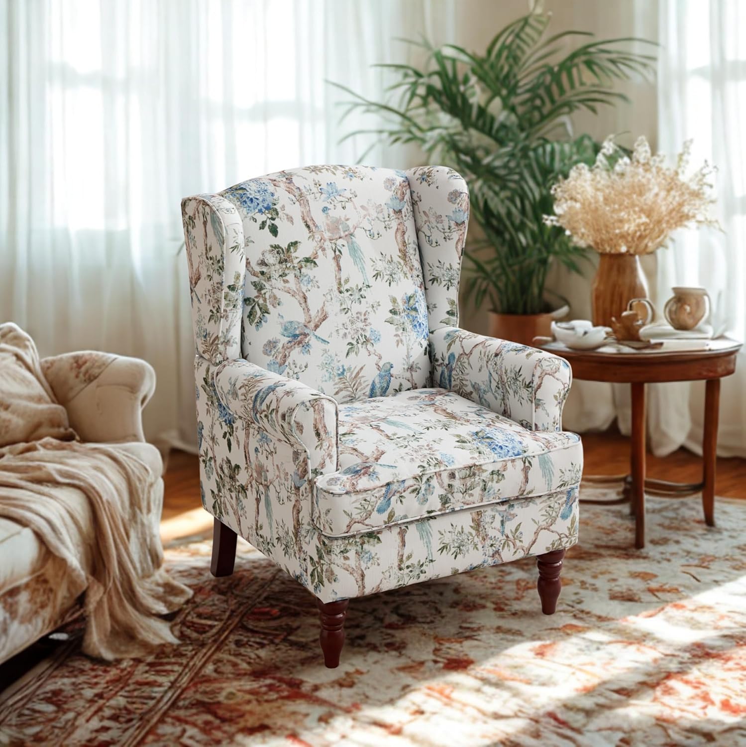 Sillón Acogedor Tapizado Flores Madera Sólida