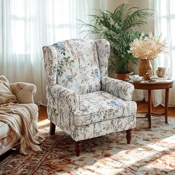 GDFStudio Modern Wingback Accent Chair with Solid Wood Legs and Cushion, Comfy Upholstered Floral Pattern Armchair, Retro Leisure Single Sofa Chair for Living Room Bedroom Home, Antique Blue 1