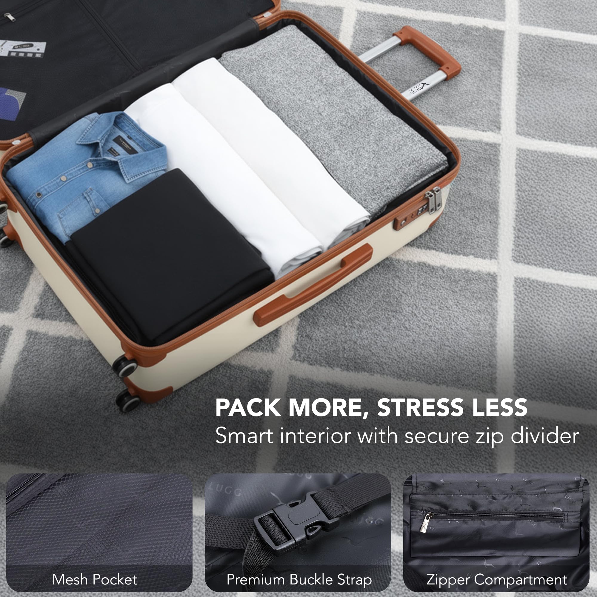 LUGG - Jetset 40cm Suitcase - 40x30x20cm- Ryanair Compatible - Underseat Size - Hard Shell ABS - Spinner & Removable Wheels - Lightweight Travel Luggage- Cream/Brown — view 64