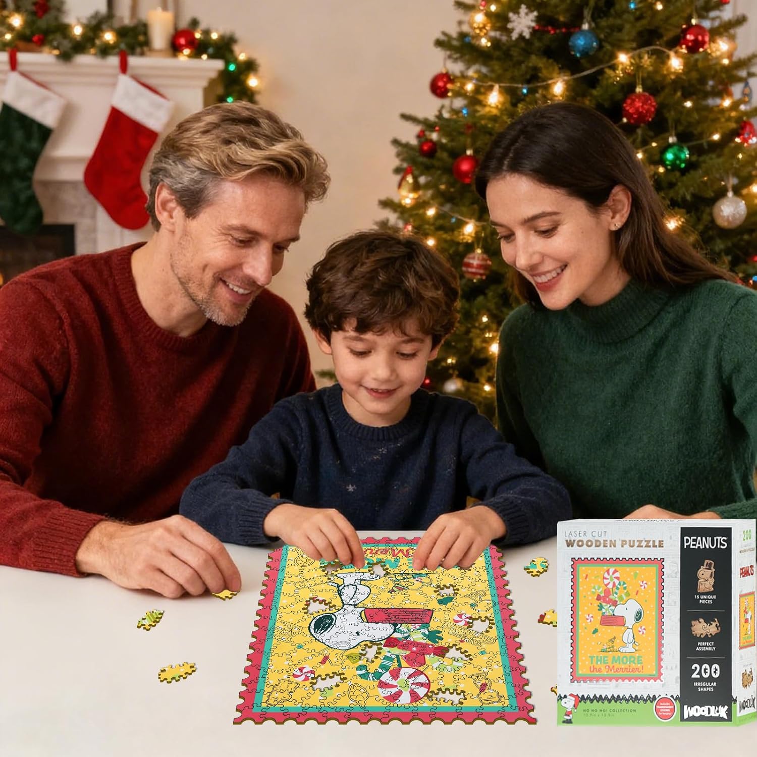 Peanuts Christmas Puzzles for Adults – Snoopy Puzzle Gift for Kids, 200 Pieces Unique Shaped Wooden Jigsaw Puzzles, 5MM Thick, Officially Licensed Merchandise – The More The Merrier, 10.9" x 12.9"