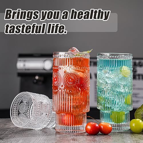 Miniatura 5 de Gafas de diseño en relieve, 8 vasos Highball, cristalería vintage a rayas acanaladas de 16 onzas para cóctel, whisky, jugo