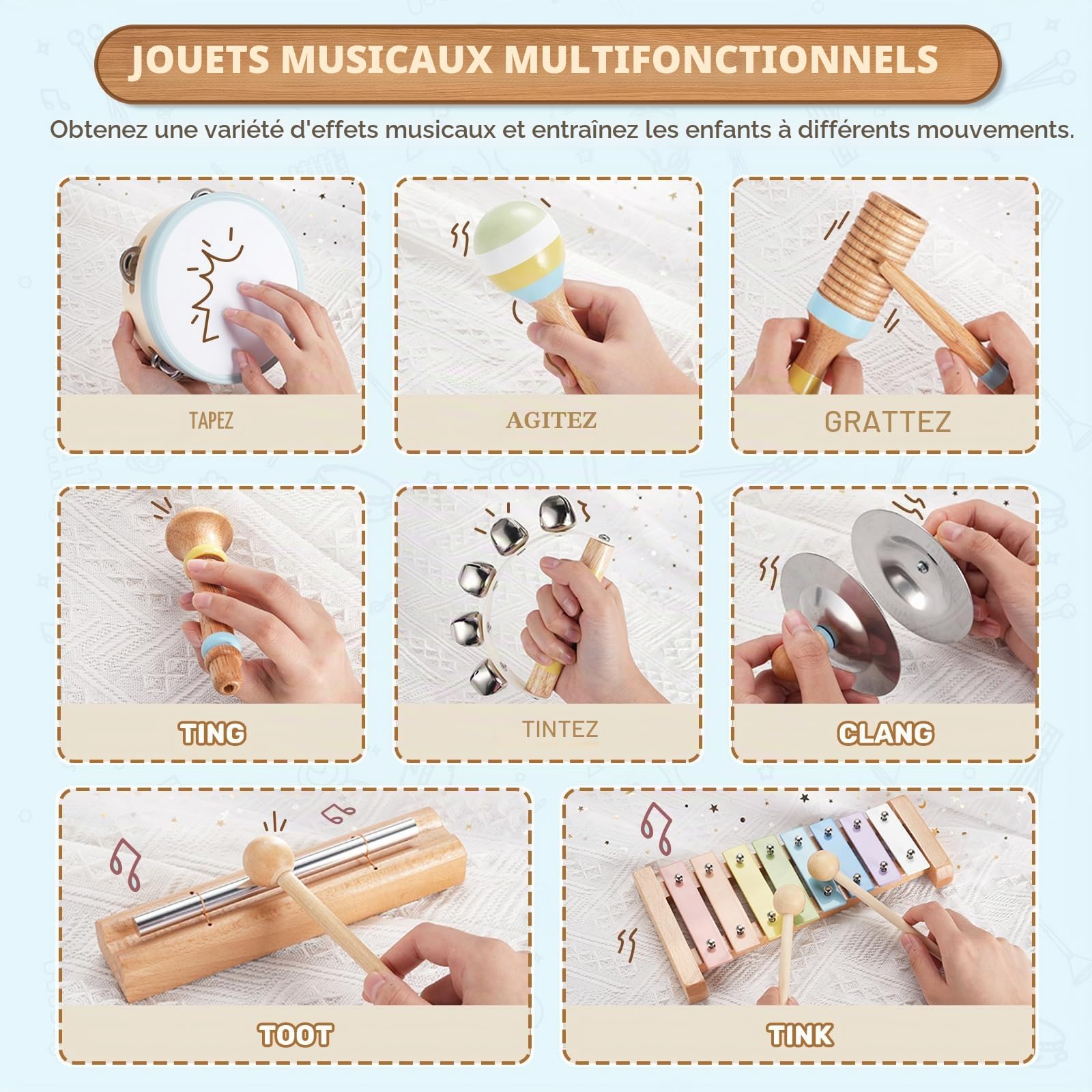 POGOLAB Instruments de Musique pour Enfant, Jouet en Bois Musicaux Montessori, Cadeau Garçons Filles 3, 4, 5 Ans, Instruments de Percussion avec Xylophone Tambour Maracas