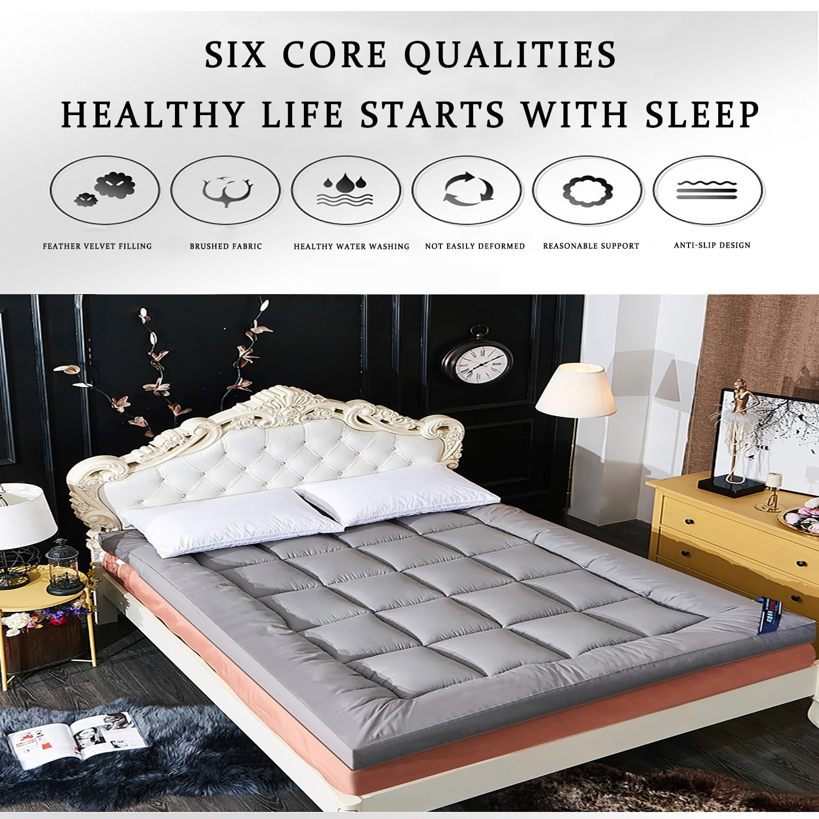 Materasso da pavimento giapponese, morbido, portatile, pieghevole, futon, spesso, per letto singolo, matrimoniale (grigio, 180 x 200 cm)