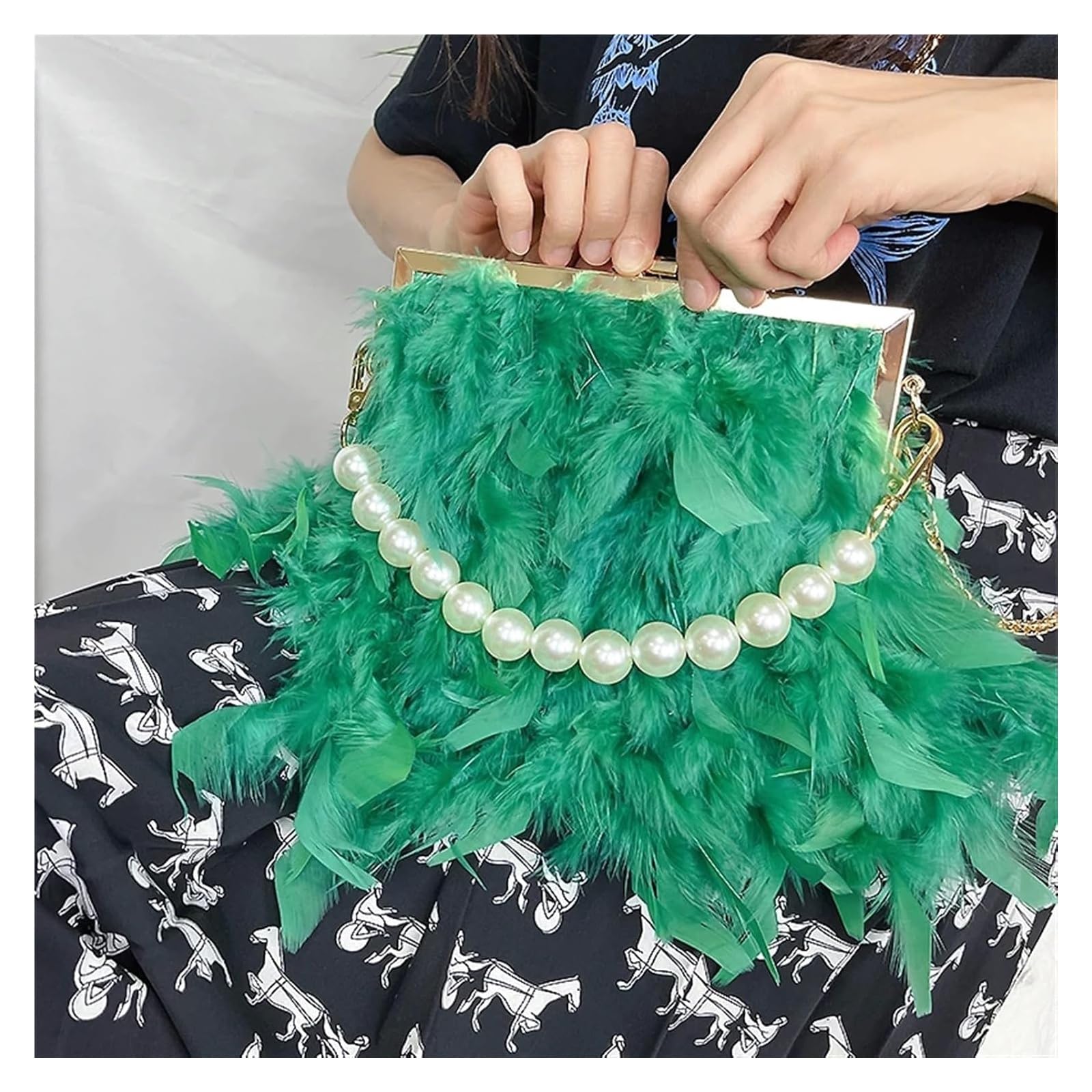 Pochette Fashion Feather Pochette Piuma Catena Di Perle Donna Multicolor 20x5x18cm(Black)