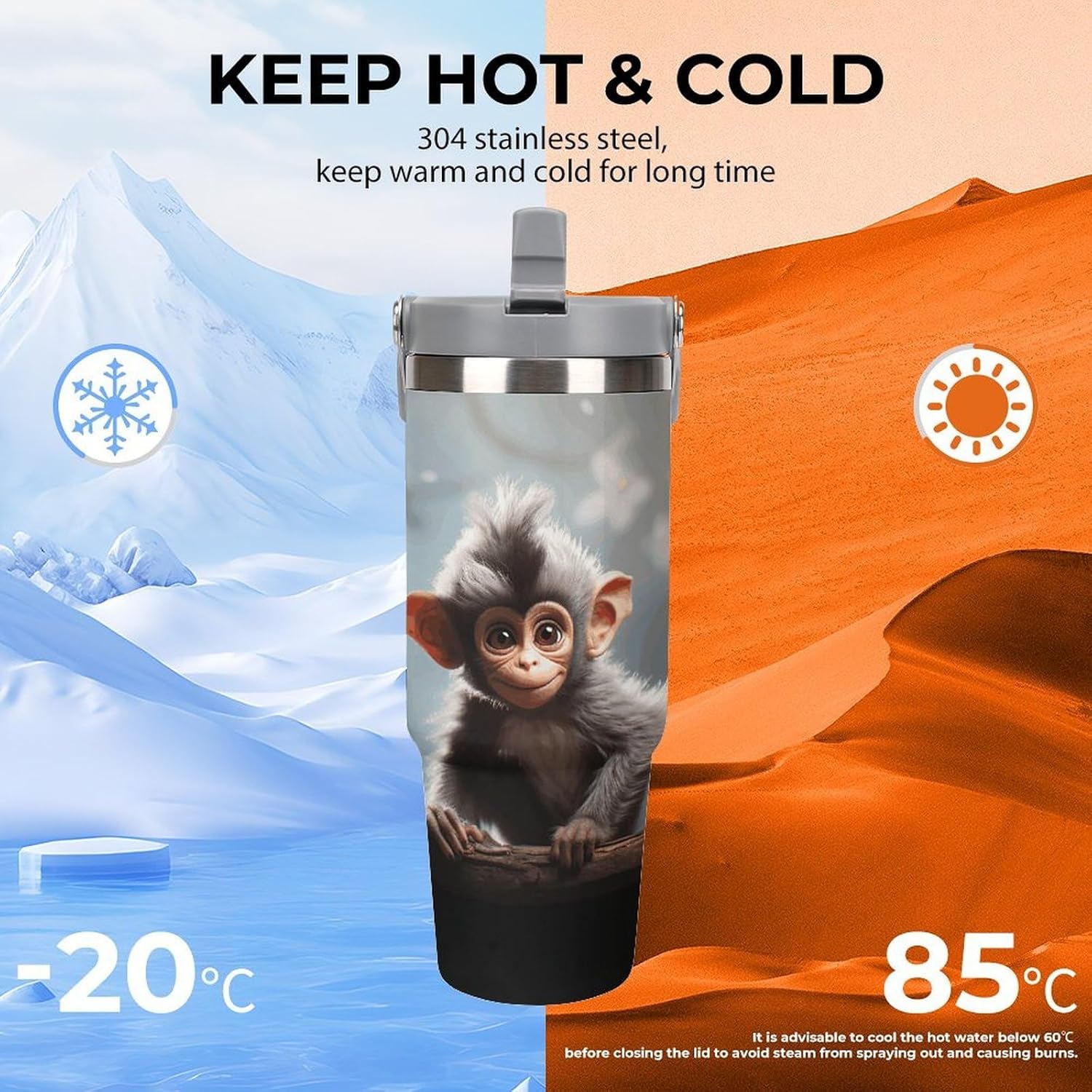 Cute Monkey1 Water Bottle 30 Oz Fits Car Cup Holder,Insulated Coffee Mug Large Capacity Car Cups,Stainless Steel Double Wall Sport Bottle for Travel Sports Gym