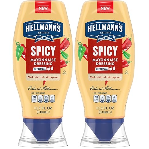 Hellmann's Spicy Mayonnaise Dressing Squeeze Bottle For a Rich, Creamy Condiment Made with Real Chili Peppers 11.5 oz (Pack of 2)