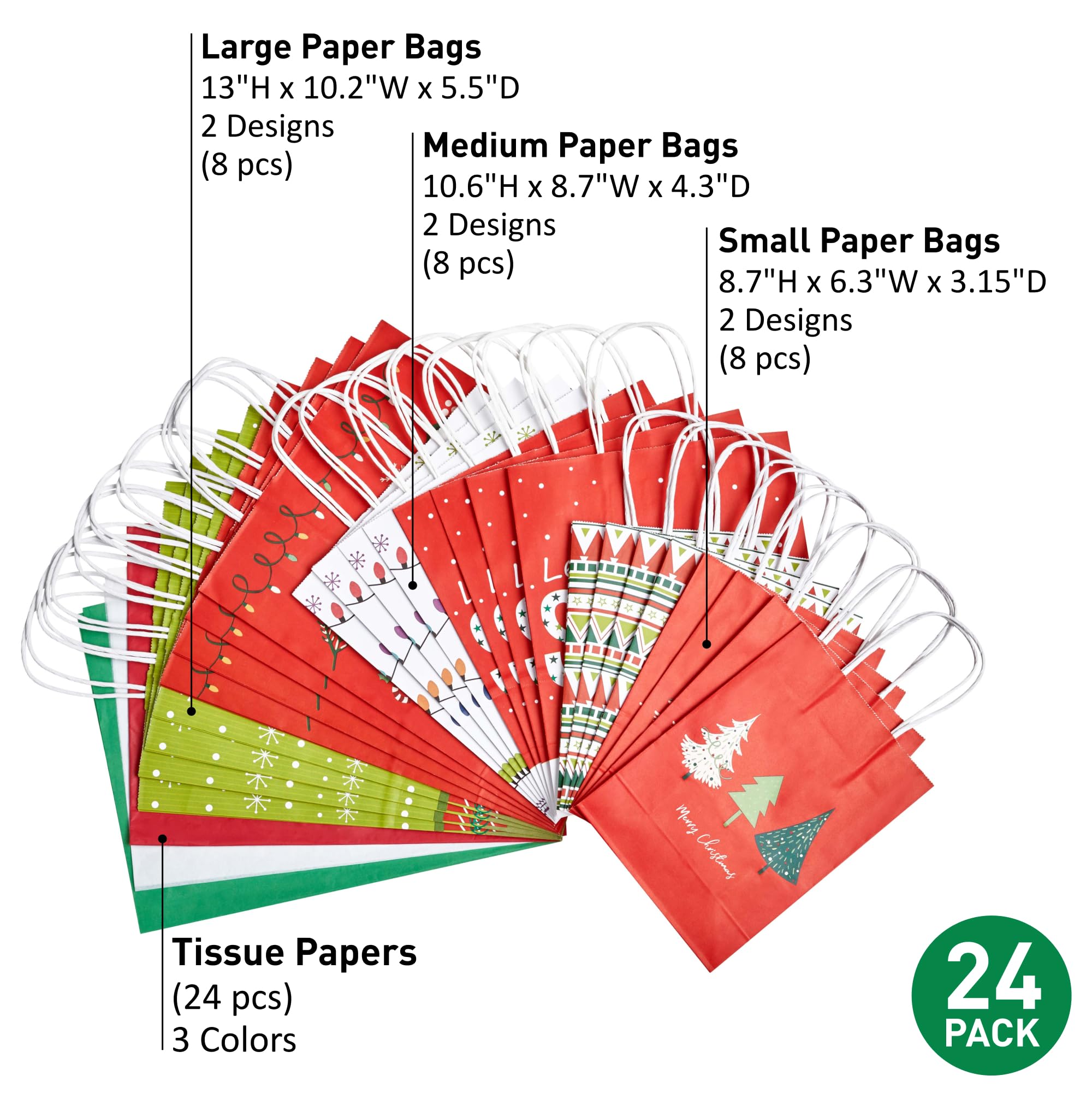 SUNCOLOR Paquete de 24 bolsas de regalo de Navidad de varios tamaños con papel de seda (8 grandes de 13 pulgadas, 8 medianas de 11 pulgadas, 8 pequeñas de 9 pulgadas)