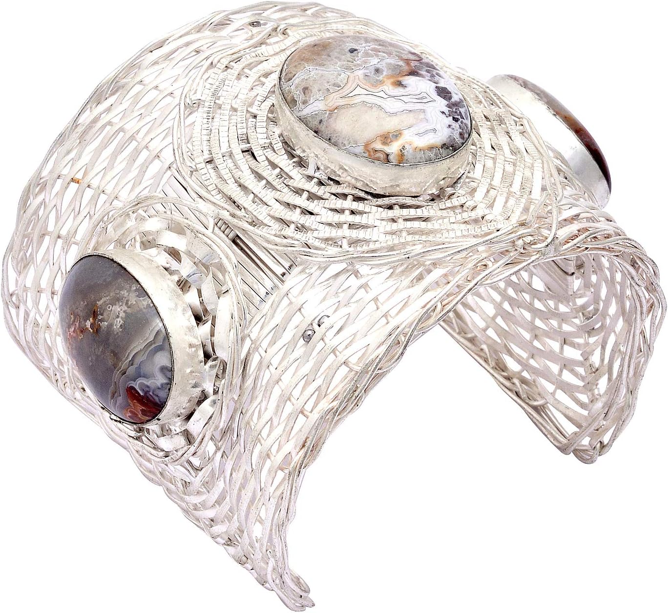 eurasia Handmade Oval Shape Crazy Lace Agate Gemstone Silver Plated Cuff Bracelet