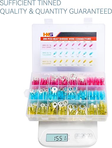 Miniatura 3 de HKS Kit de conectores de cable termorretráctil, 280 unidades, 12-10, 16-14, 22-16 AWG, cobre rojo estañado, terminal de empalme a tope de horquilla