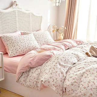 Lanqinglv Bettwäsche 135x200 Rosa Weiß Blätter Blumen Wendebettwäsche Set