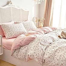 Lanqinglv Bed Linen 135 x 200 cm Pink White Leaves Flowers Pattern Plants Reversible Bed Linen Set Microfibre Renforce Duvet Cover with Zip and Pillowcase 80 x 80 cm