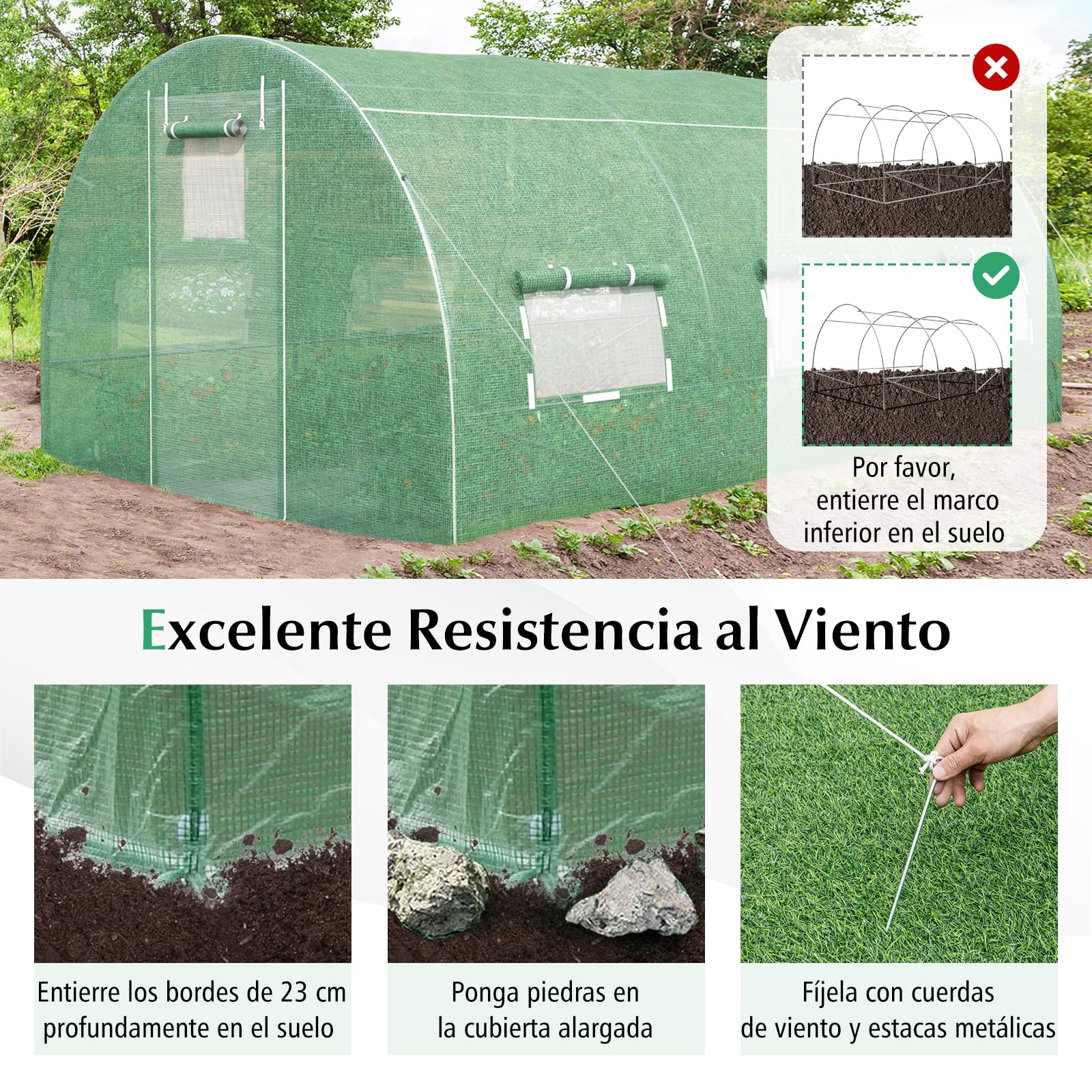 COSTWAY Invernadero Túnel Exterior, 400 x 300 x 200 cm con 6 Ventanas Enrollables, 2 Puertas con Cremallera, Estructura de Acero Galvanizado, Carpa de Jardín Resistente al Viento