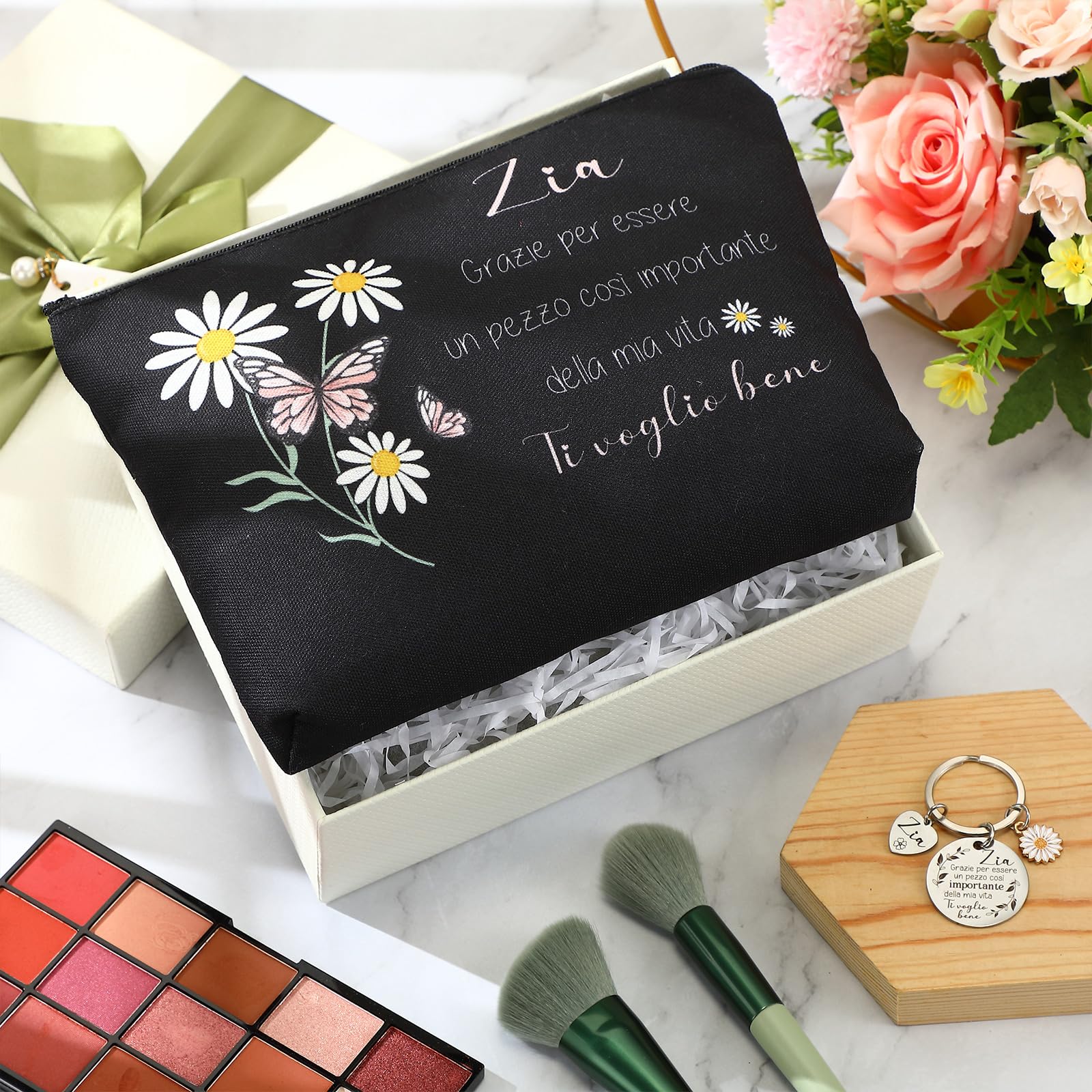 2 Pezzi Regalo per Zia Pochette Portatrucchi Portachiavi Ciondolo per Zia Compleanno Trousse per Cosmetici Borsa da Trucchi Floreale Regalini da Nipote per Donna Festa Natale(Nero)