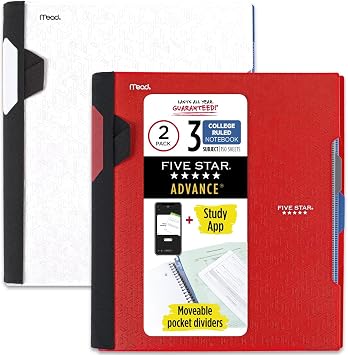 Five Star Advance Spiral Notebooks + Study App, 2 Pack, 3 Subject, College Ruled Paper, 11" x 8-1/2", 150 Sheets, with Spiral Guard and Movable Dividers, Red, White 820111