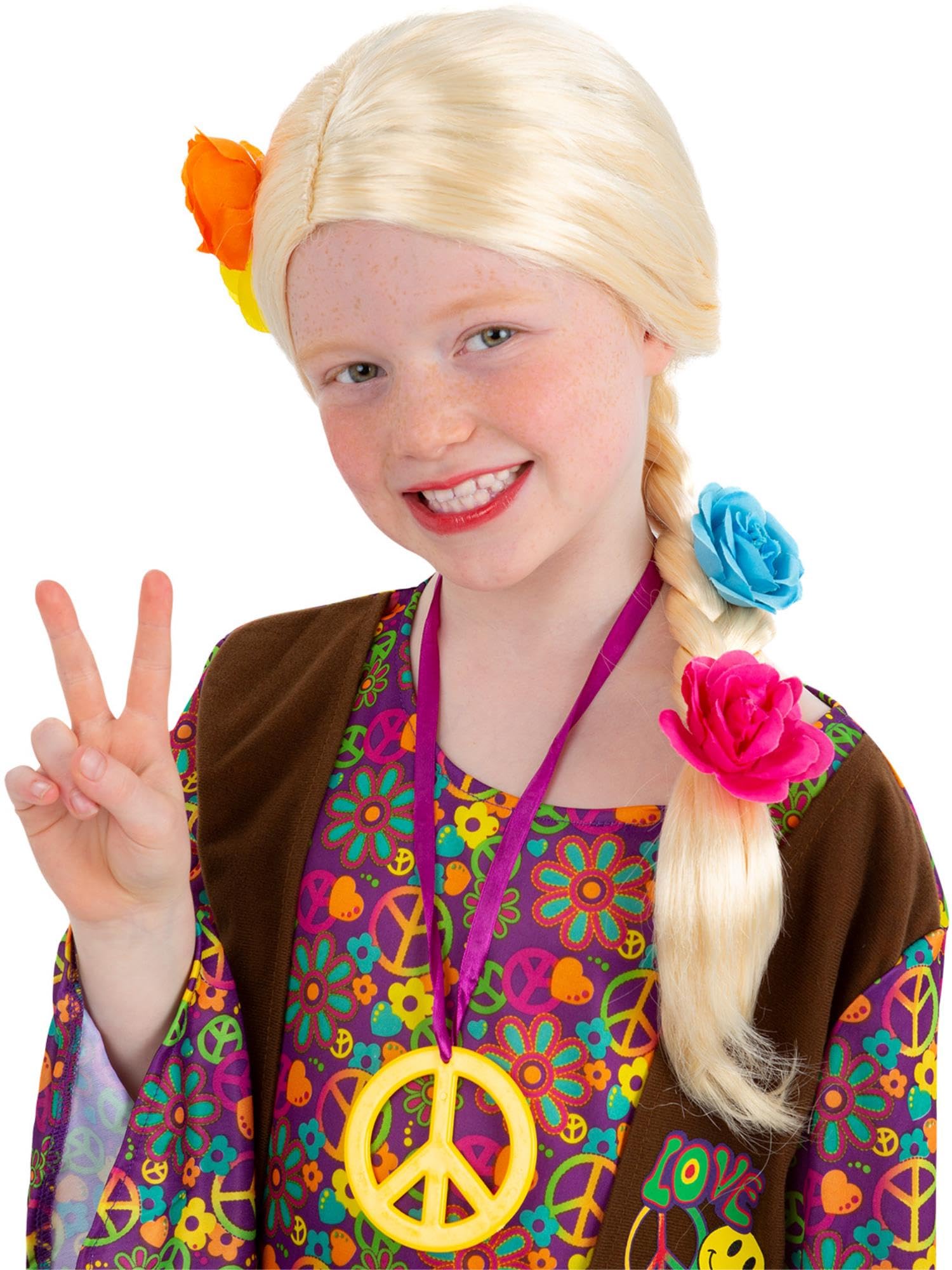 Smiffys Princess/Hippie Long Plait Wig with Flowers, Girls Fancy Dress, Child Dress Up Wigs, Blonde