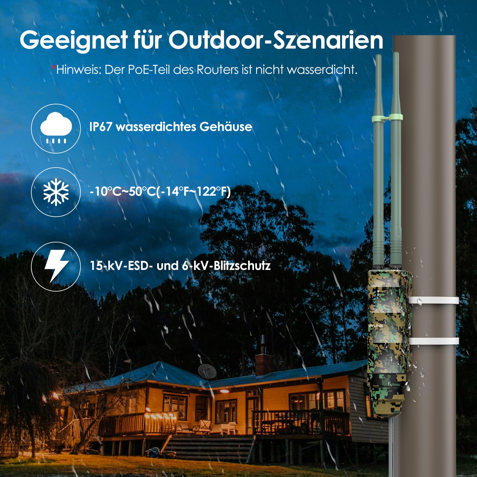 WAVLINK N300 Outdoor WLAN Repeater Greenwood, wetterfester 300Mbit/s WLAN Access Point/Verstärker unterstützt Passive/Active PoE, AP/Router/Repeater Modi, 100Mbit/s WAN/LAN, WPA2, EU-Netzteil