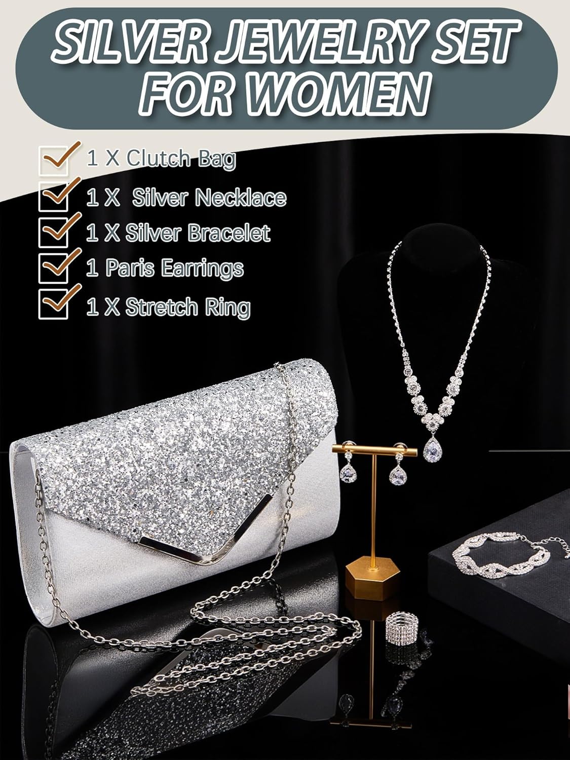 Henoyso 5 Pcs Rhinestone Jewelry Sets Prom Purse Jewelry Rhinestone Clutch Purse Bride Necklace Earrings Bracelets for Women - Image 4