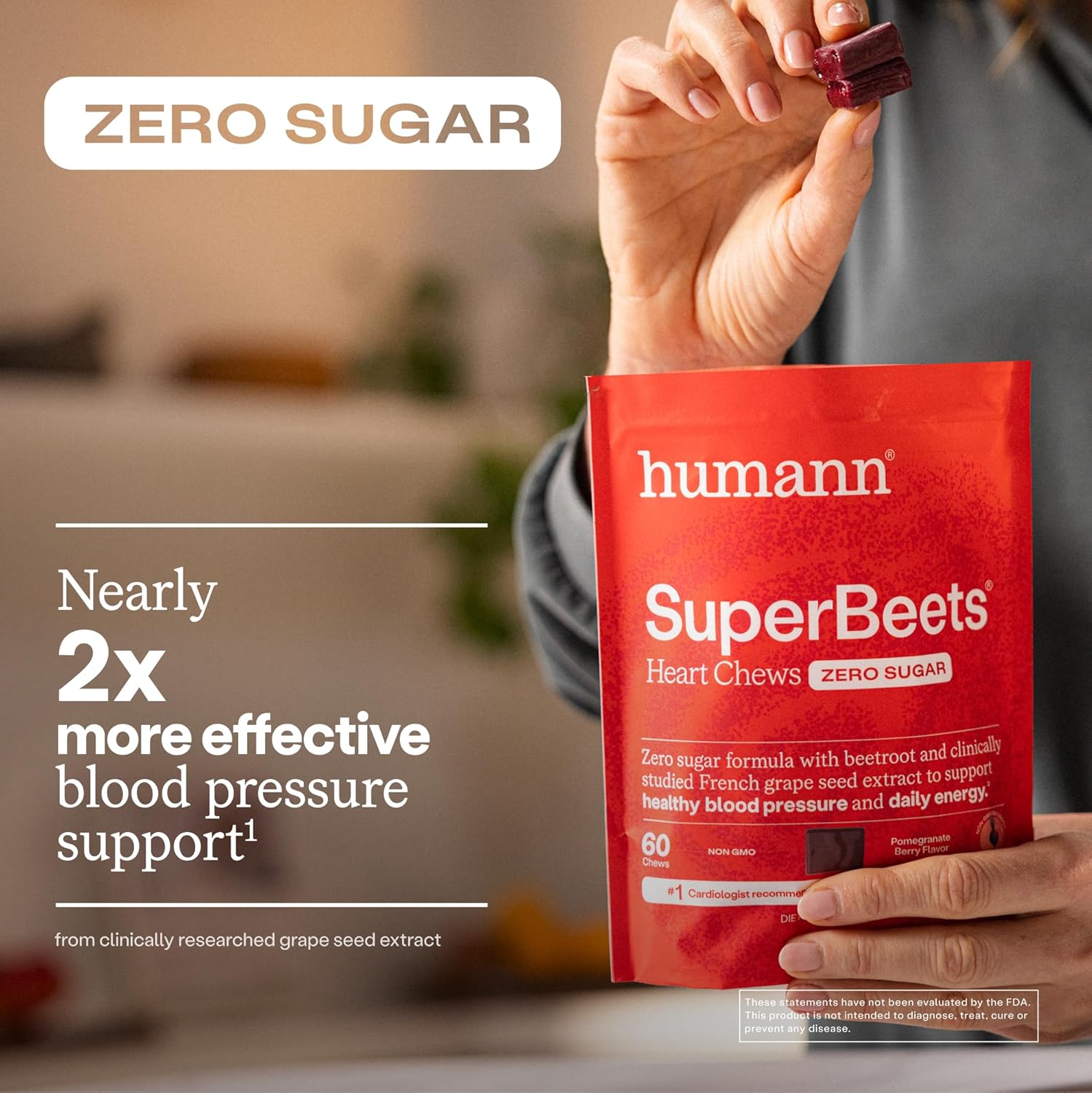 Humann SuperBeets Heart Chews Zero Sugar, Nitric Oxide and Blood Pressure Support, Grape Seed Extract & Non-GMO Beet Root Powder Energy Supplement, Pomegranate Berry Flavor, 60 Count - Image 4