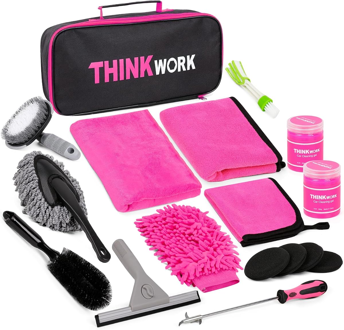 THINKWORK Car Detailing Kit, Interior Exterior Cleaning Set for Vehicles | Soft Microfiber, Lint-Free, Scratch-Proof, 17 Pcs Complete Set, Pink Styling, Perfect Women Gift, Portable Bag