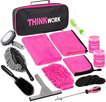 THINKWORK Pink Car Detailing Cleaning Kit, Car Wash Kit, Car Accessories for Women Suitable for Small and Medium Vehicles Such As Cars, Trucks, Suvs17pcs